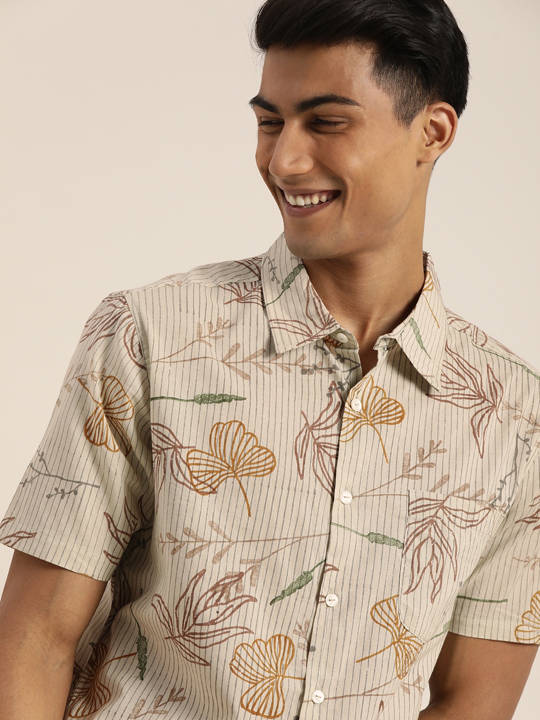 

Taavi Men Beige Bagru Hand Block Print Casual Sustainable Shirt with Chest Pocket