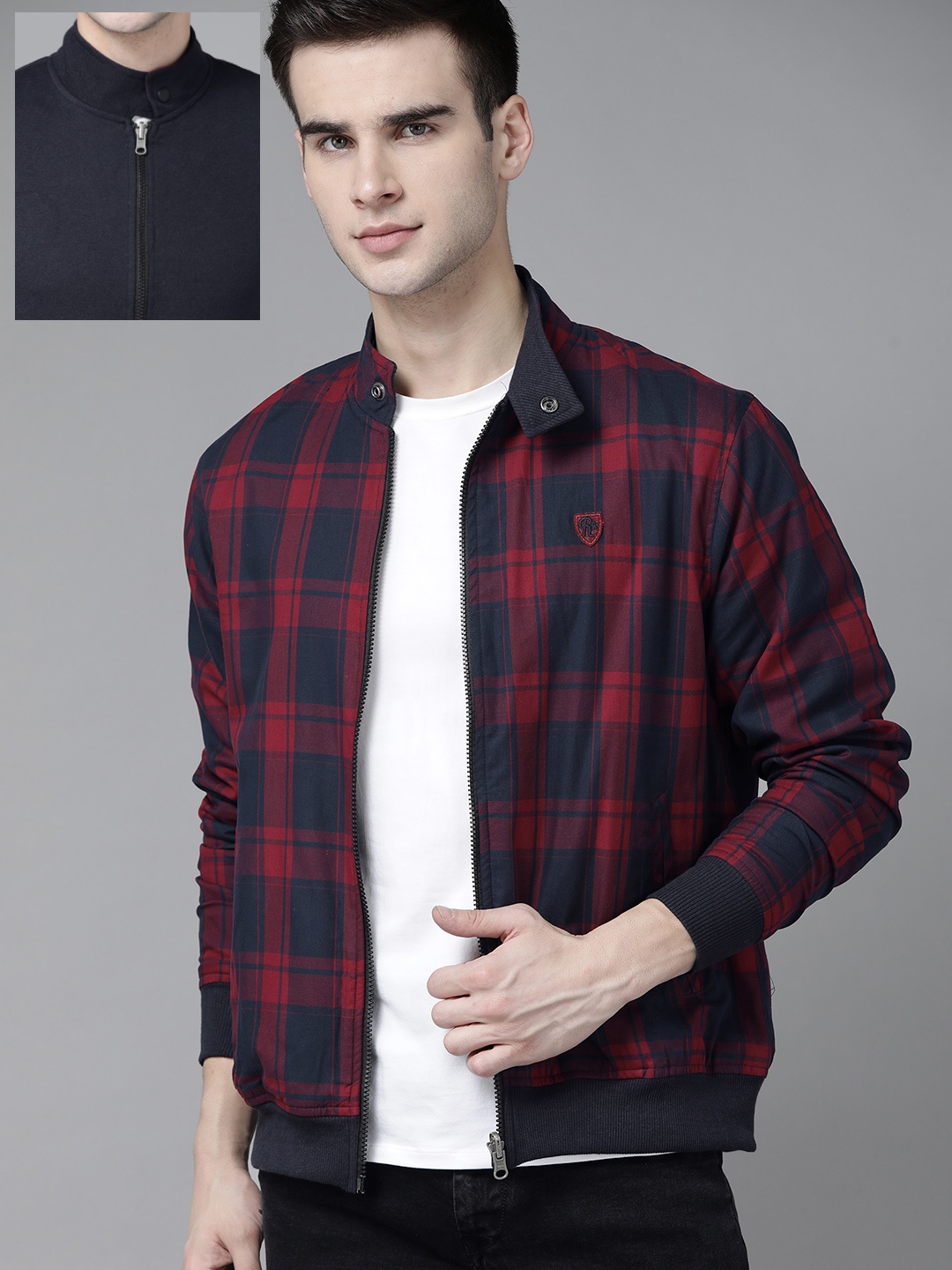 

Roadster Men Navy Blue & Maroon Checked Reversible Tailored Jacket