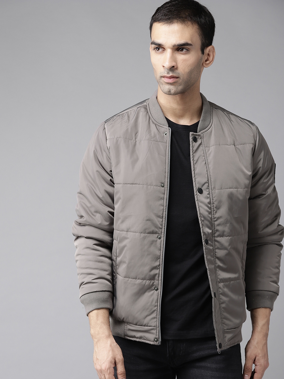 Roadster Men Grey Solid Bomber Jacket - buy at the price of $17.60 in ...