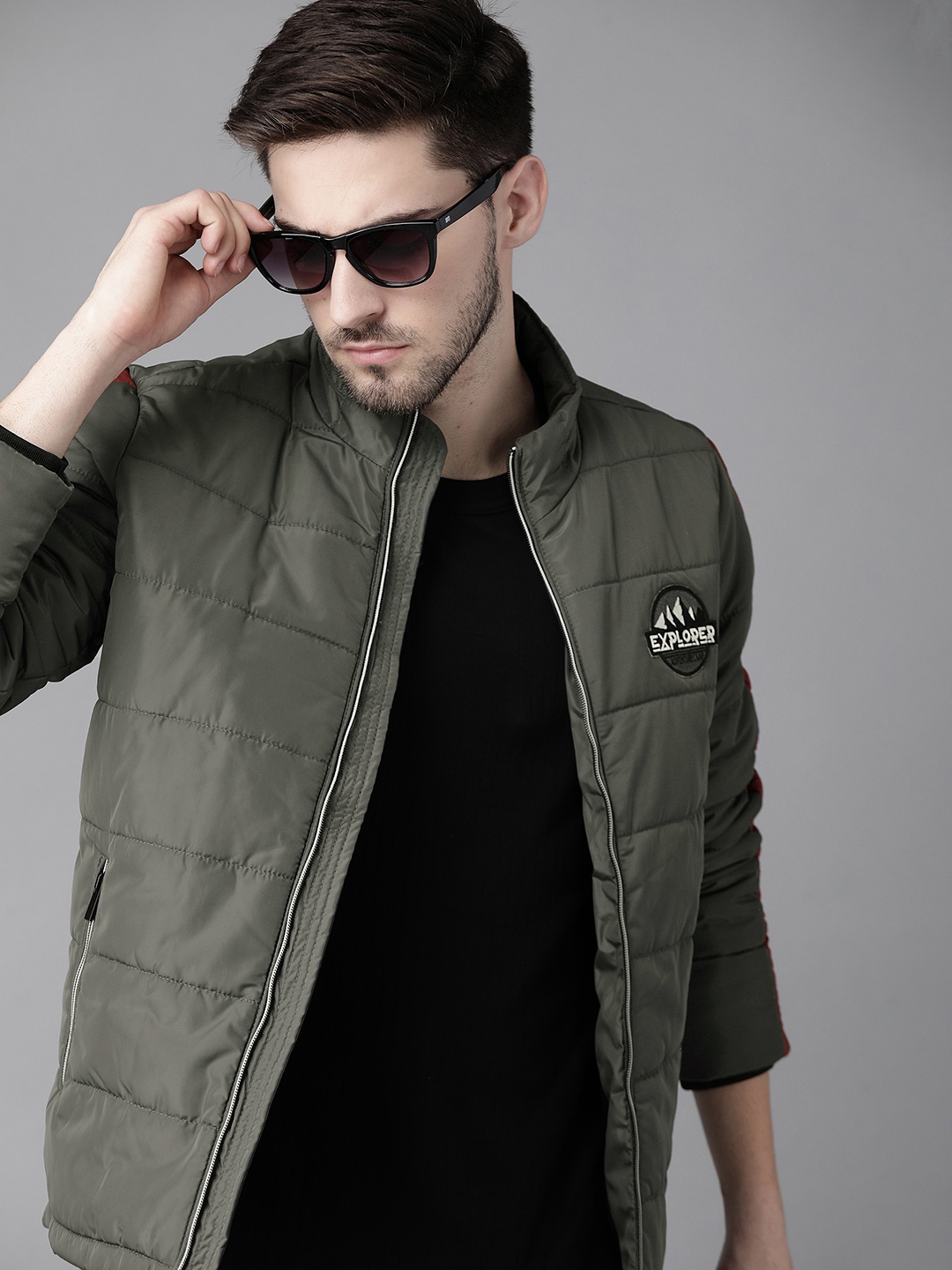 

Roadster Men Olive Green Solid Padded Jacket with Patchwork