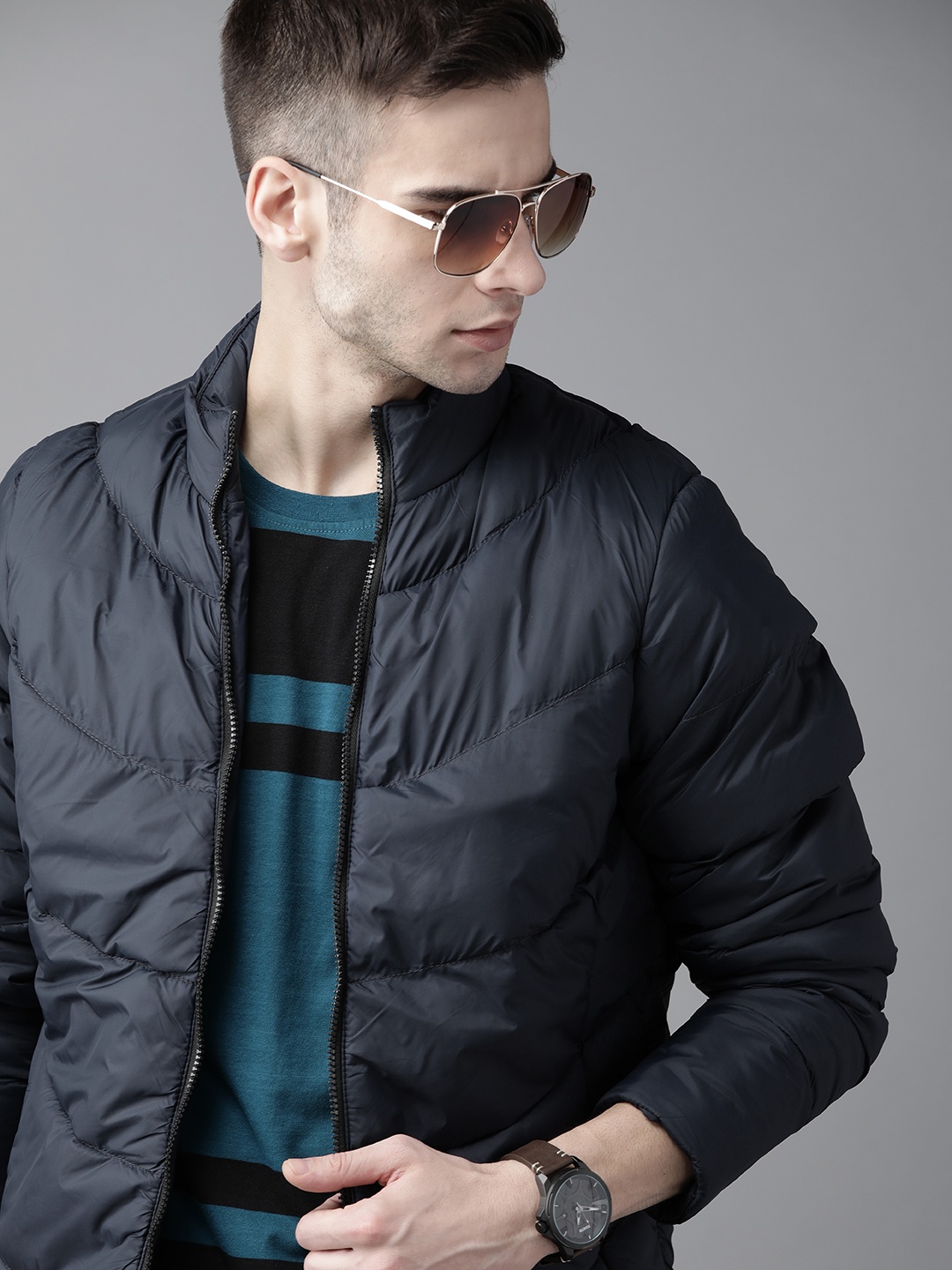 

Roadster Men Navy Blue Padded Jacket