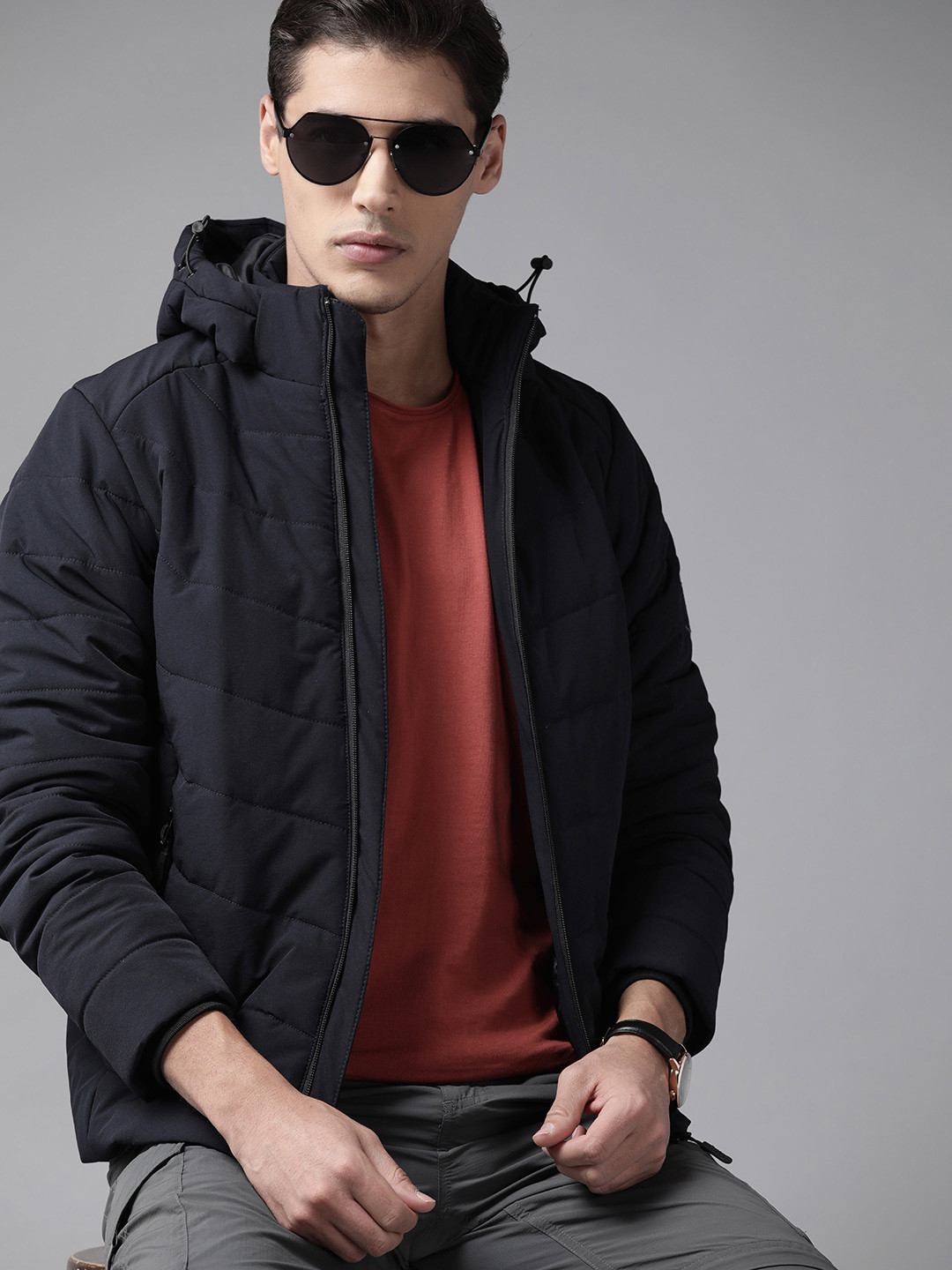 

Roadster x Discovery Adventures Men Navy Blue Solid Padded Jacket with Detachable Hood