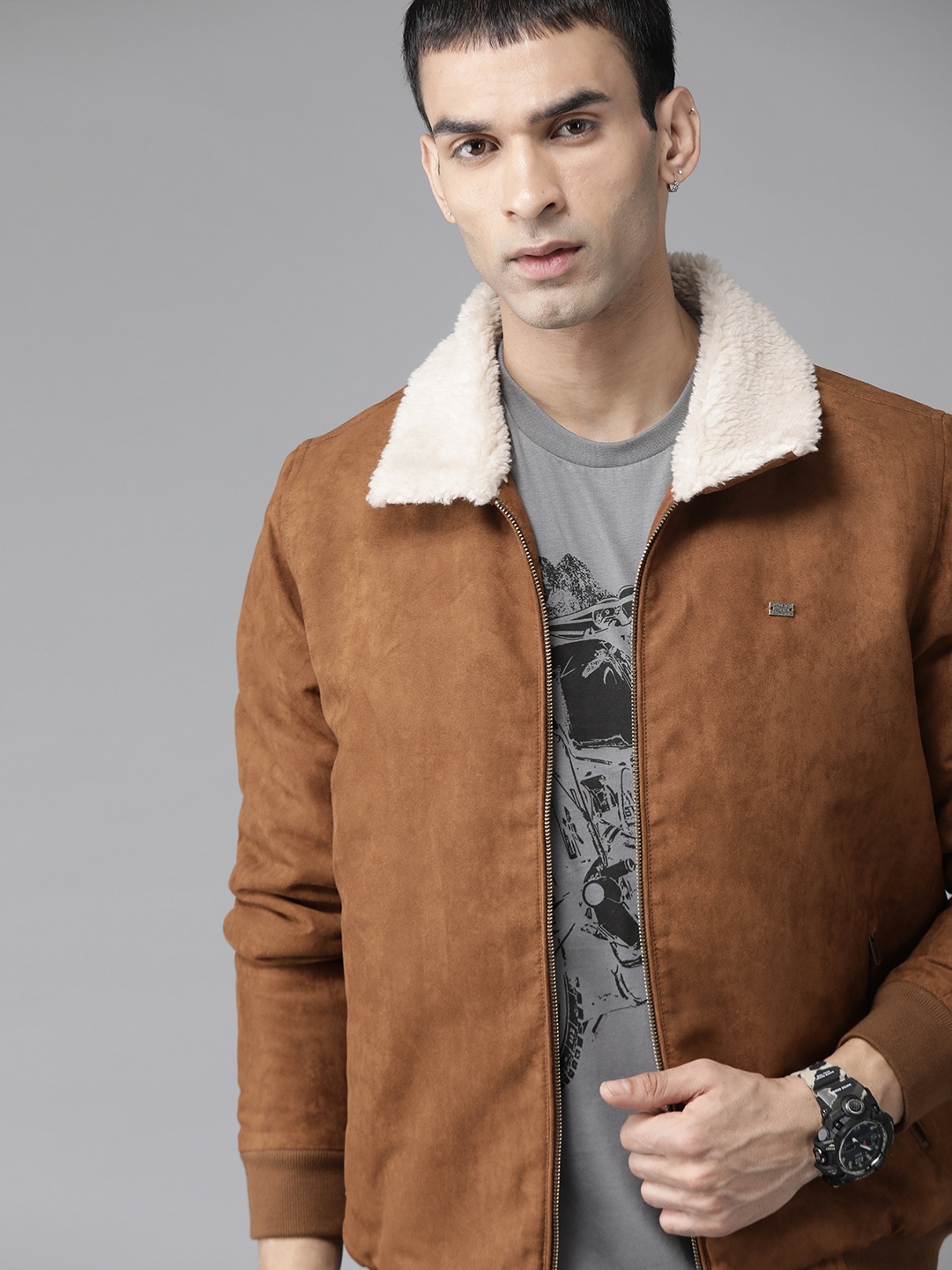 

Roadster Men Brown Suede Finish Solid Bomber Jacket with Faux Fur Trim