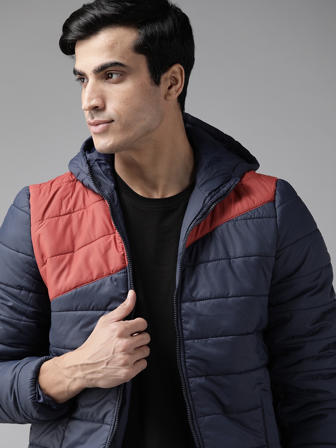 

Roadster Men Navy Blue & Orange Colourblocked Hooded Padded Jacket