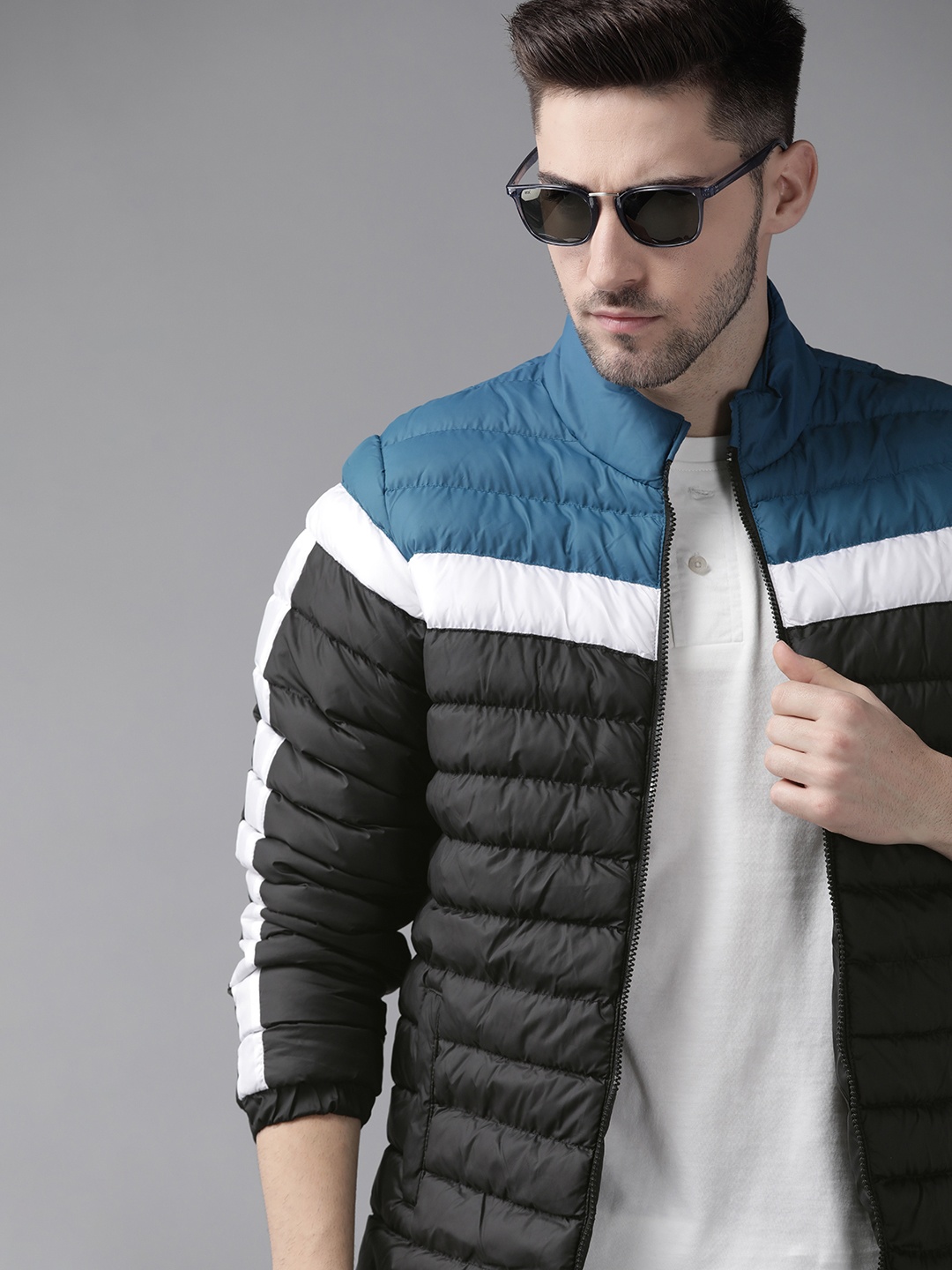 

Roadster Men Black & Blue Colourblocked Padded Jacket