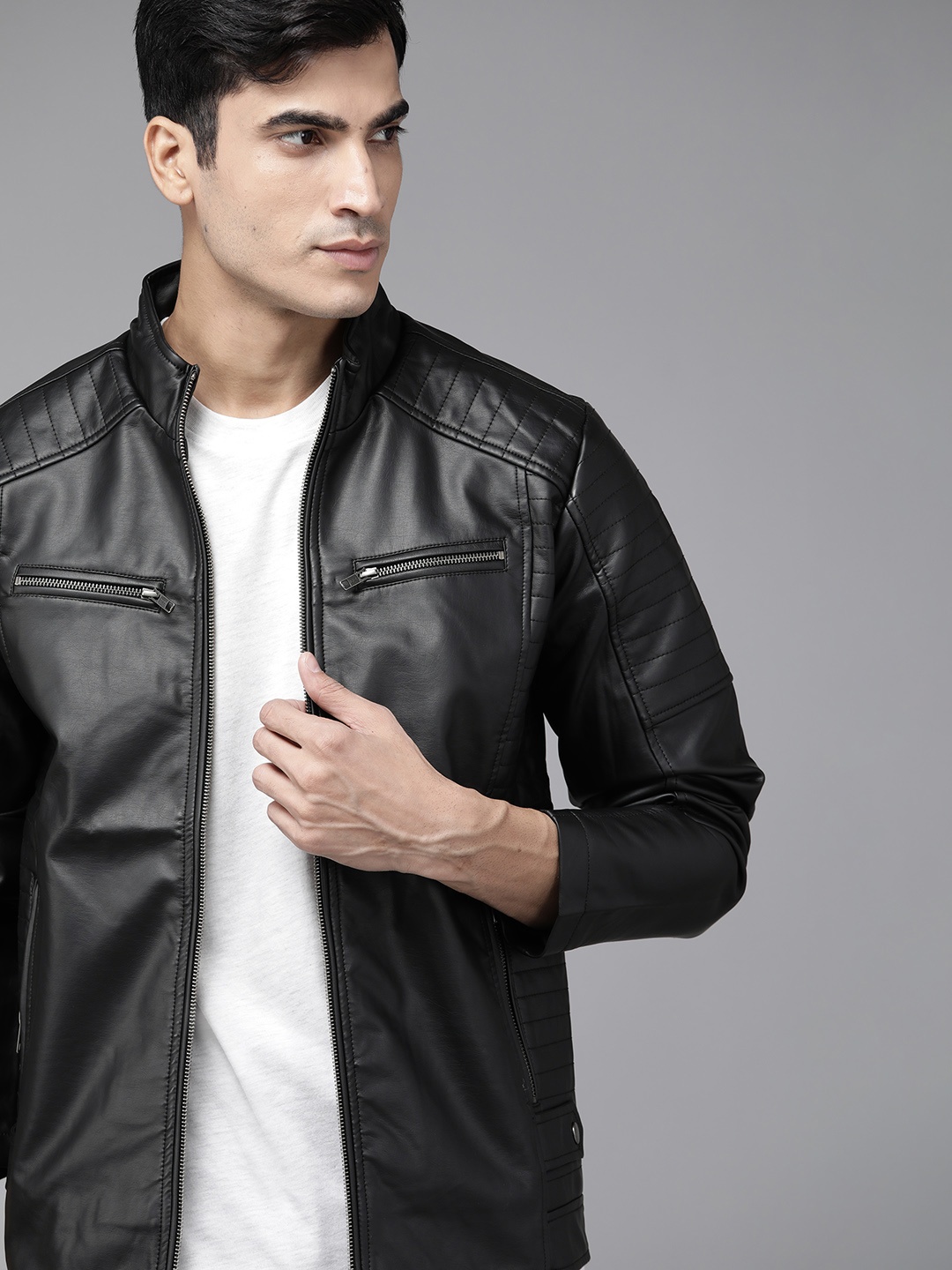 

Roadster Men Black Solid Biker Jacket