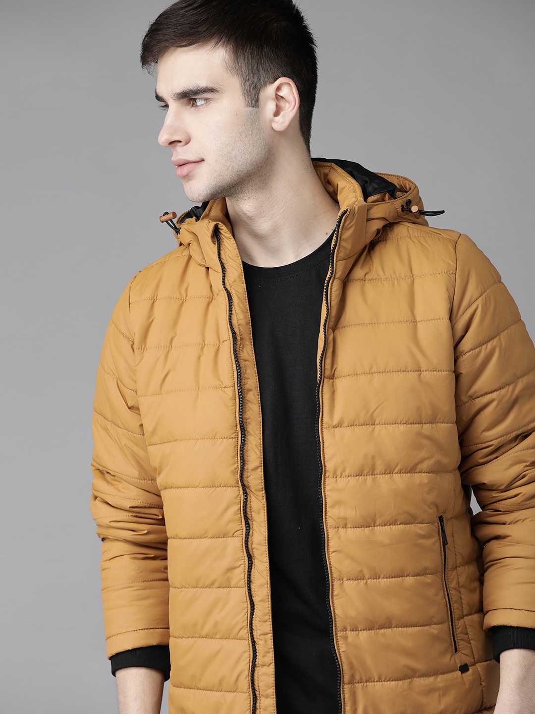 

Roadster Men Mustard Yellow Solid Padded Jacket with Detachable Hood