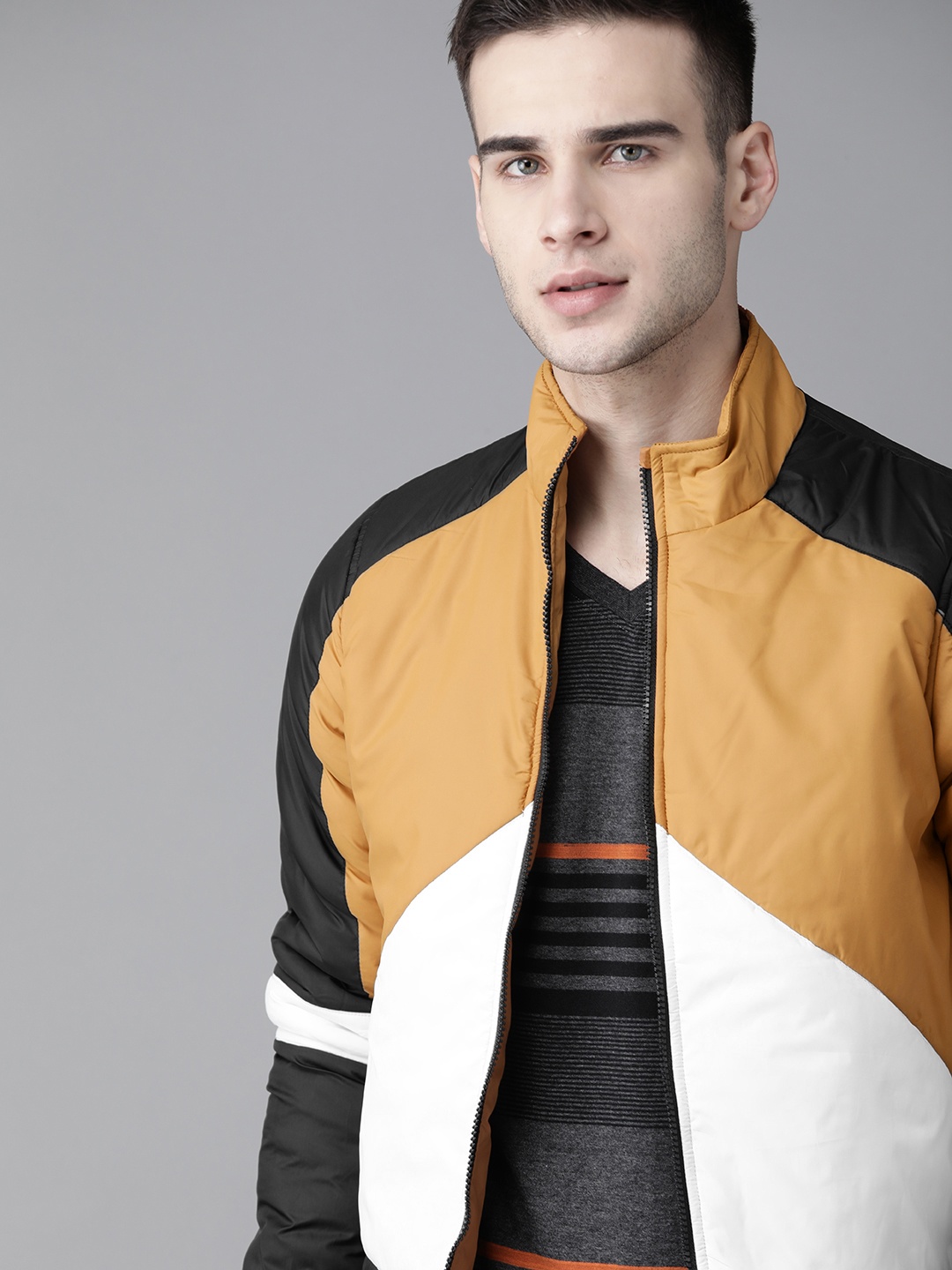 

Roadster Men Mustard Yellow & White Colourblocked Padded Jacket