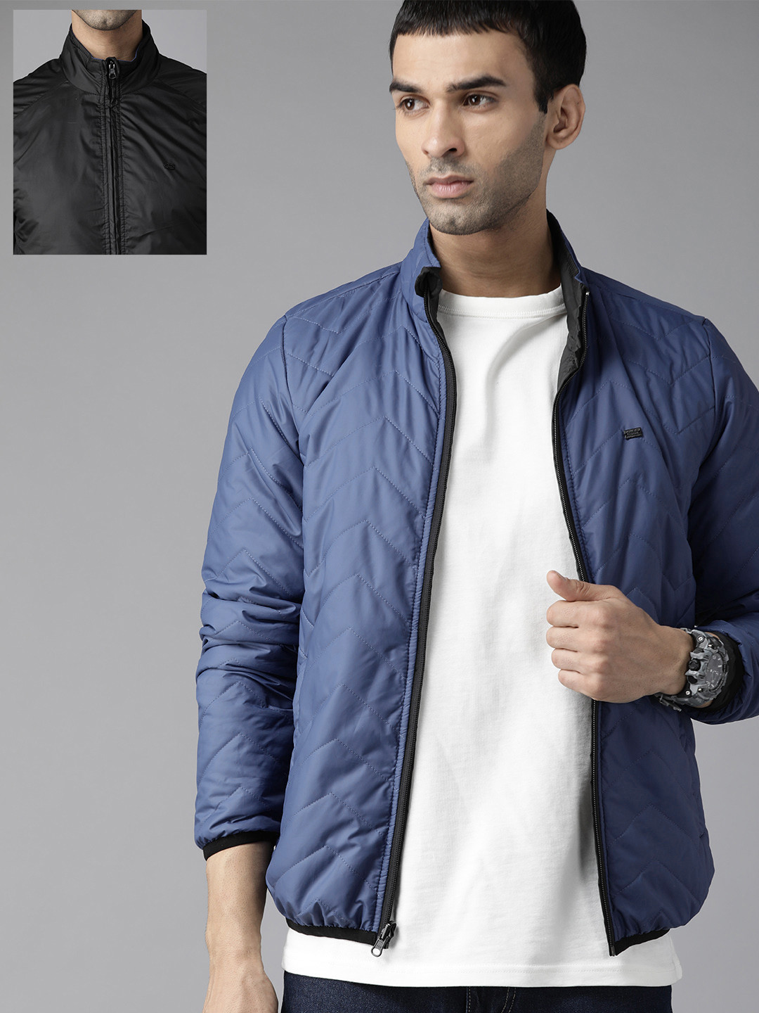 

Roadster Men Blue & Black Solid Reversible Padded Jacket