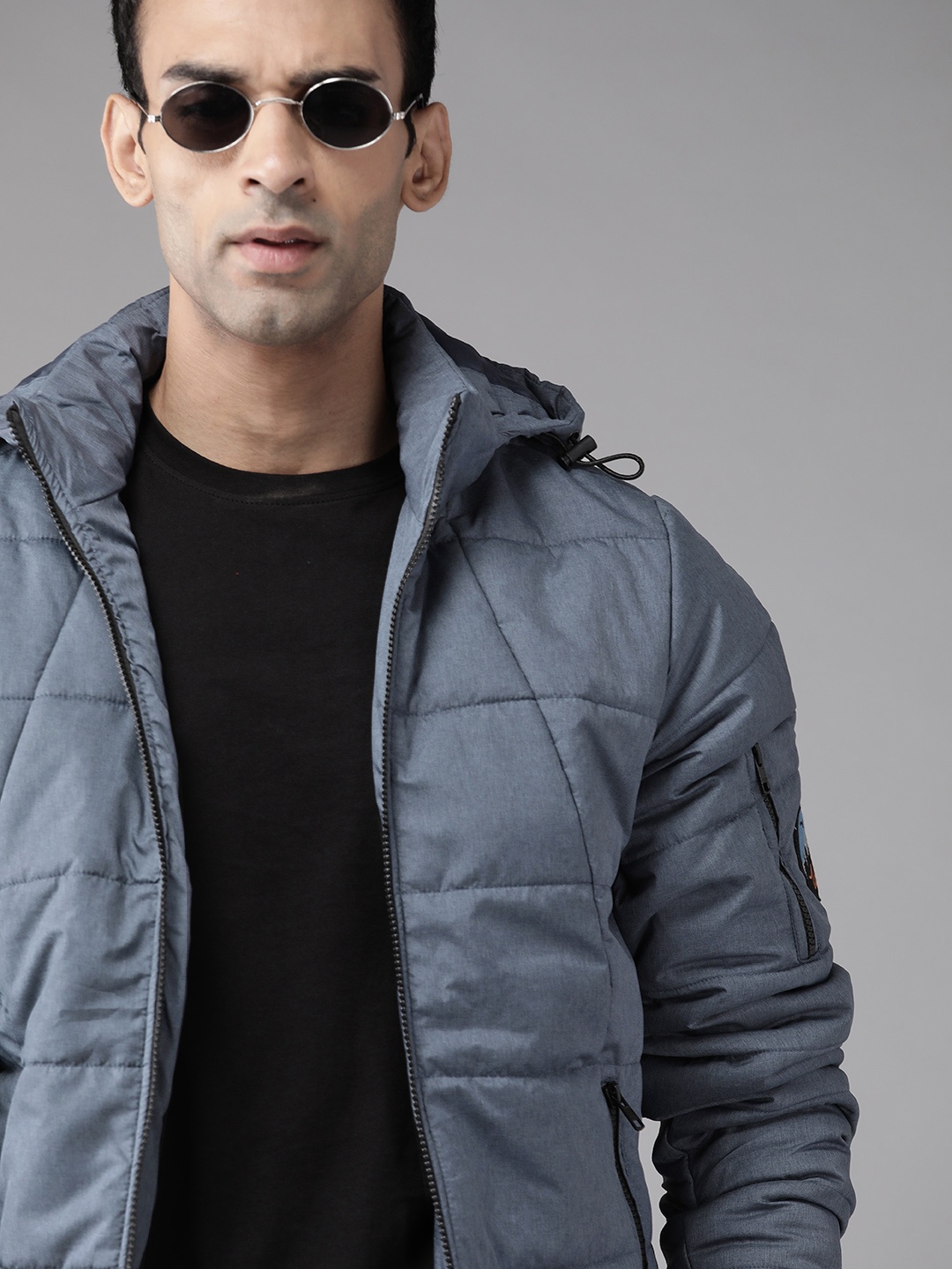 

Roadster Men Navy Blue Solid Padded Detachable Hood Jacket