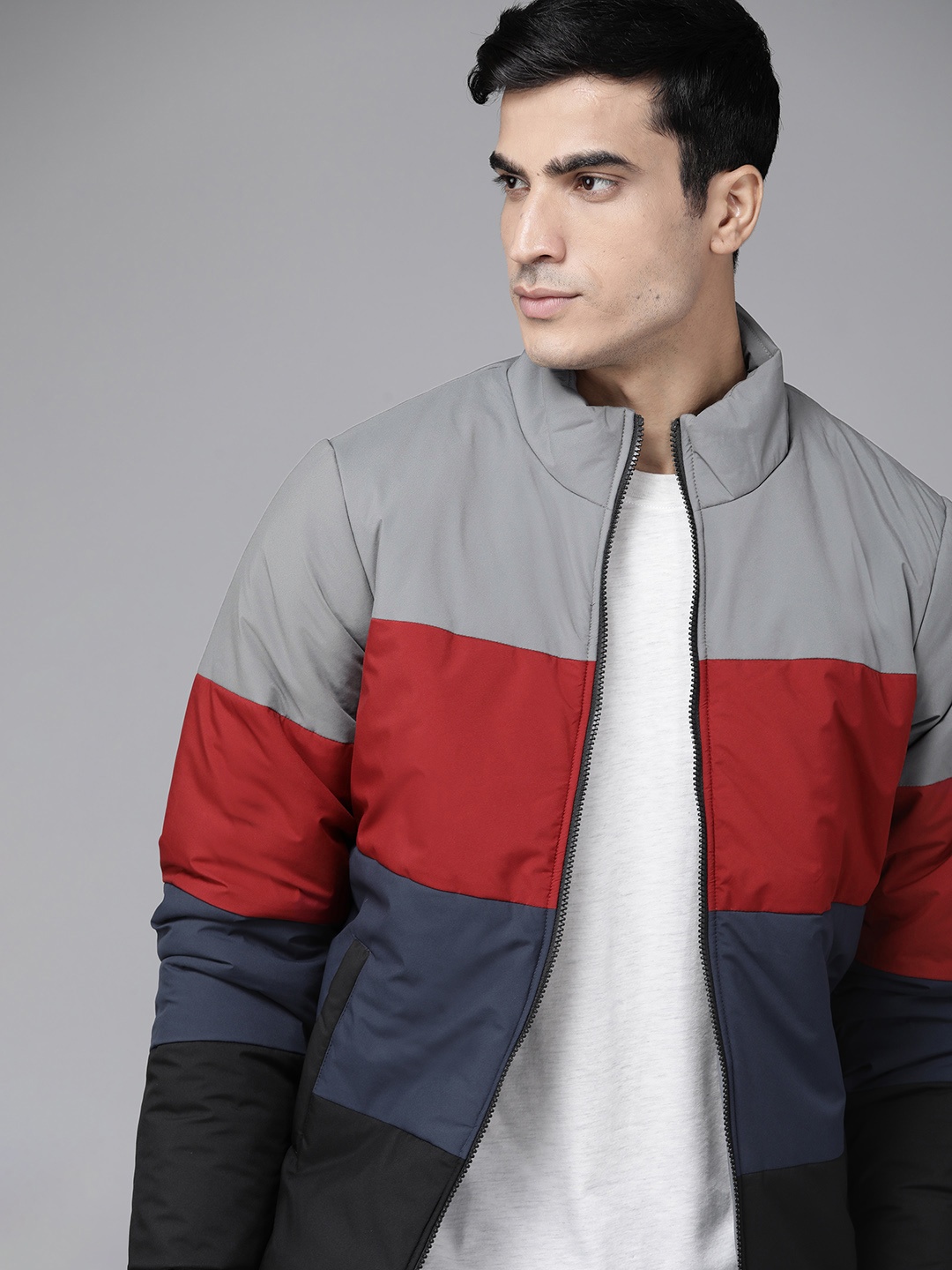 

Roadster Men Grey & Red Colourblocked Padded Jacket