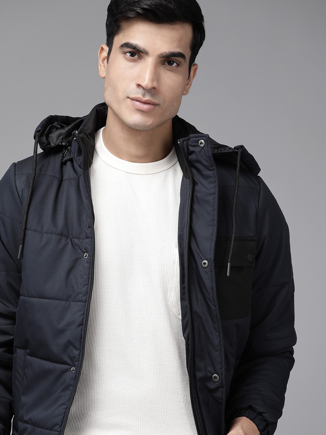 

Roadster Men Navy Blue Hooded Padded Jacket