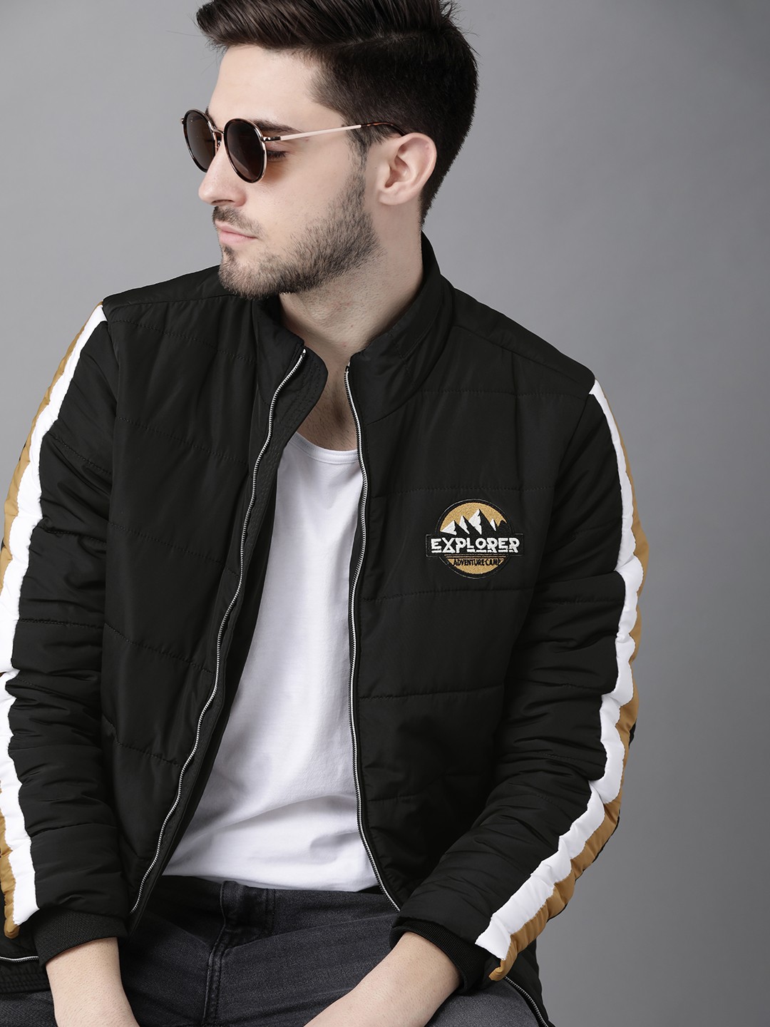 

Roadster Men Black Solid Padded Jacket with Patchwork