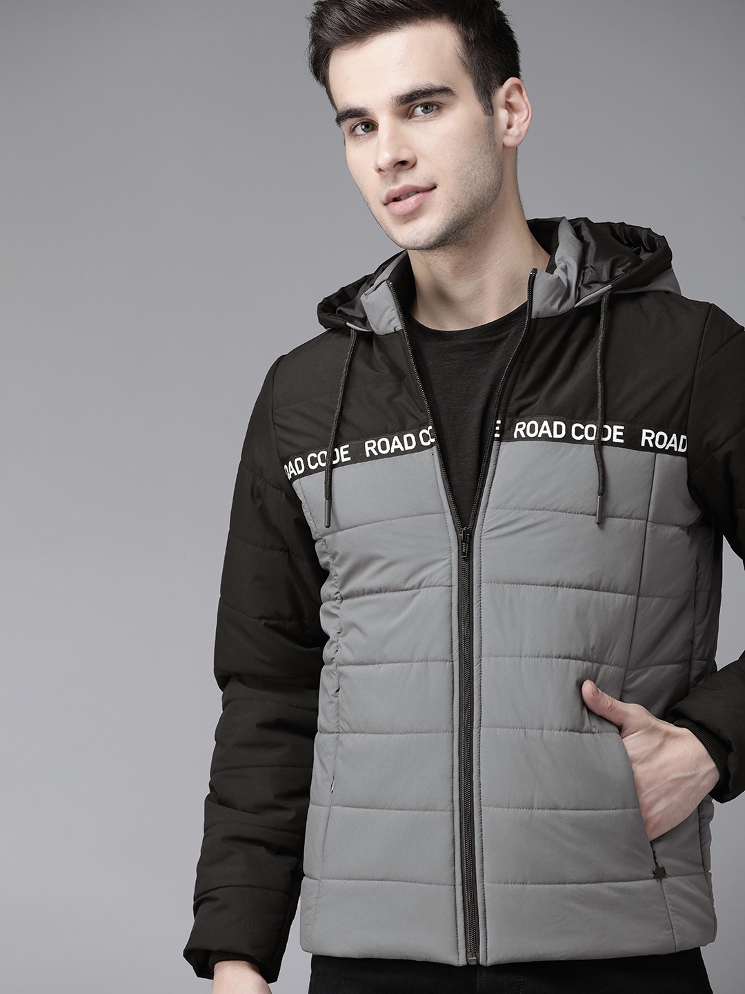 

Roadster Men Charcoal Grey & Black Colourblocked Hooded Padded Jacket