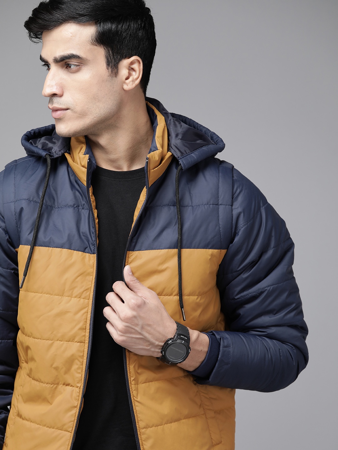 

Roadster Men Navy Blue Mustard Yellow & Navy Blue Colourblocked Hooded Padded Jacket