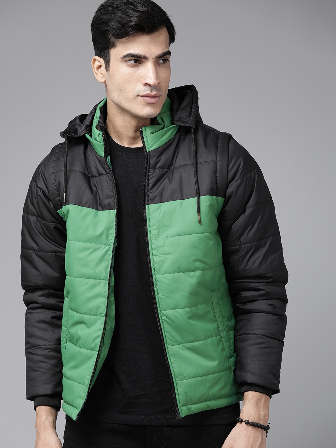 

Roadster Men Green & Black Detachable Hood Colourblocked Padded Jacket