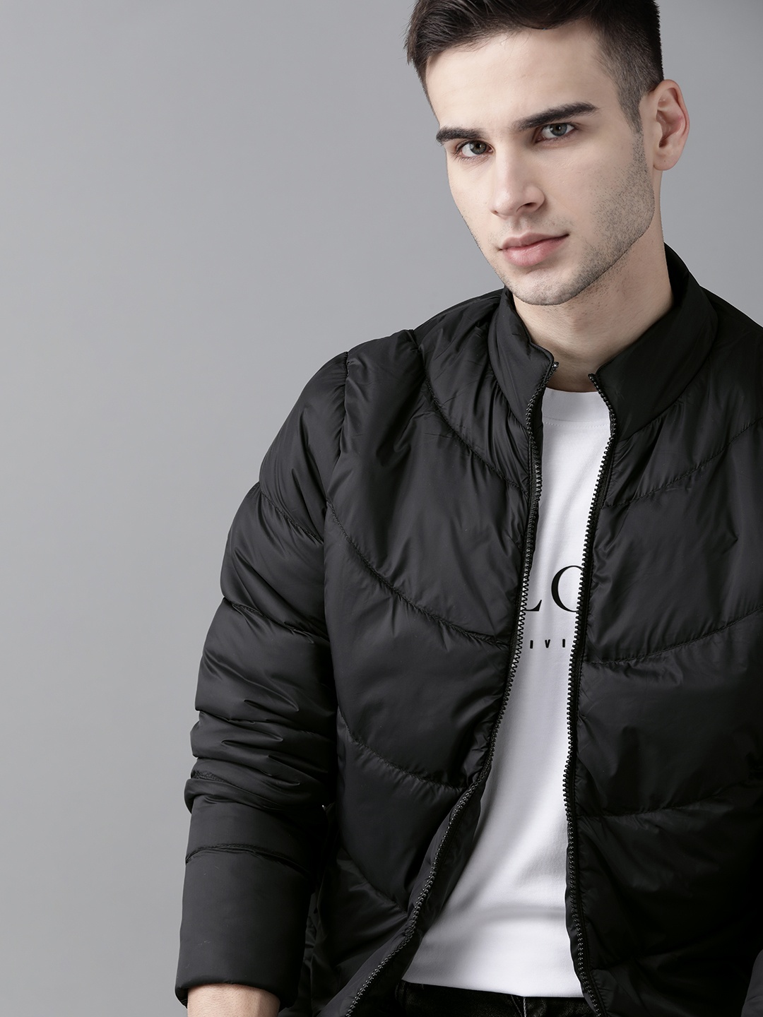

Roadster Men Black Solid Padded Jacket