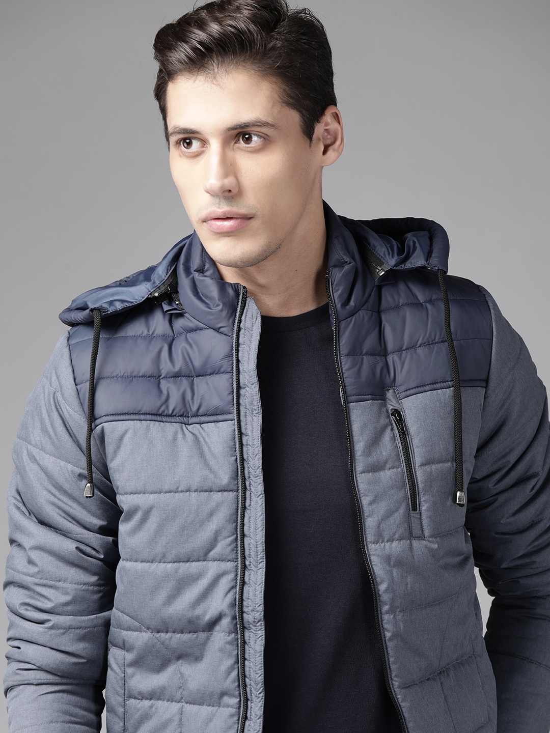 

Roadster Men Blue Colourblocked Padded Detachable Hood Jacket