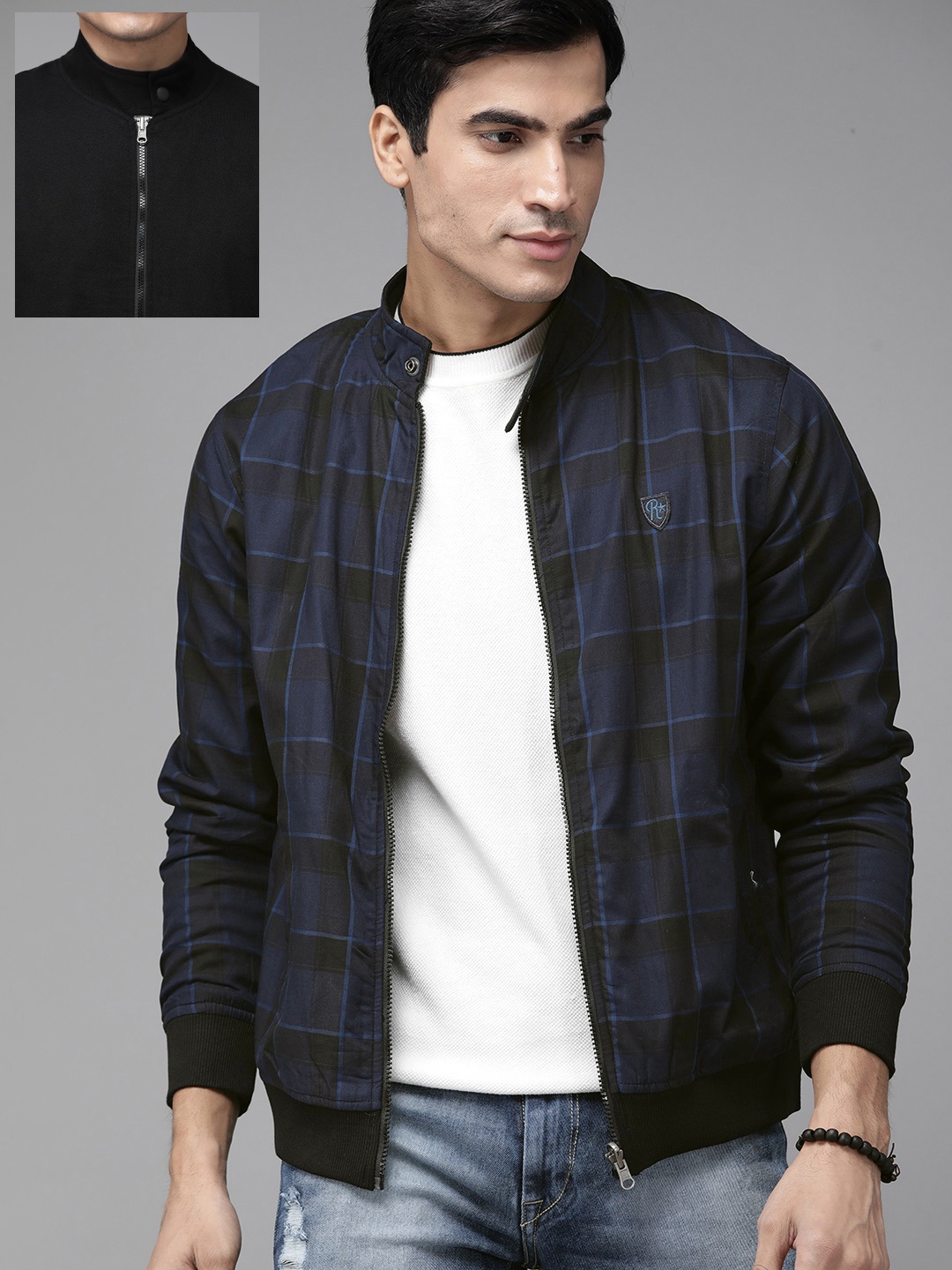

Roadster Men Navy Blue & Black Checked Reversible Bomber Jacket