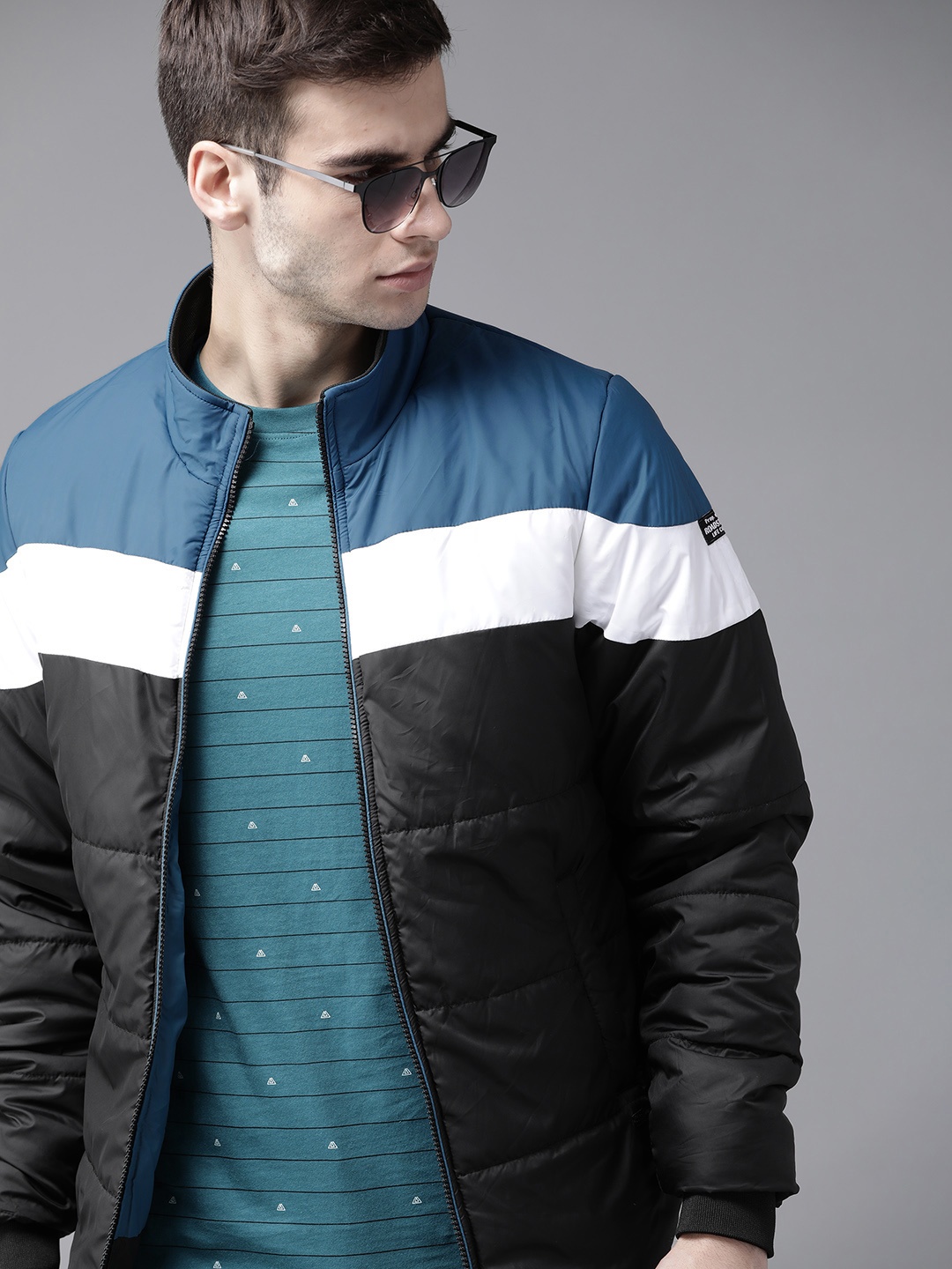 

Roadster Men Blue & Black Colourblocked Padded Jacket