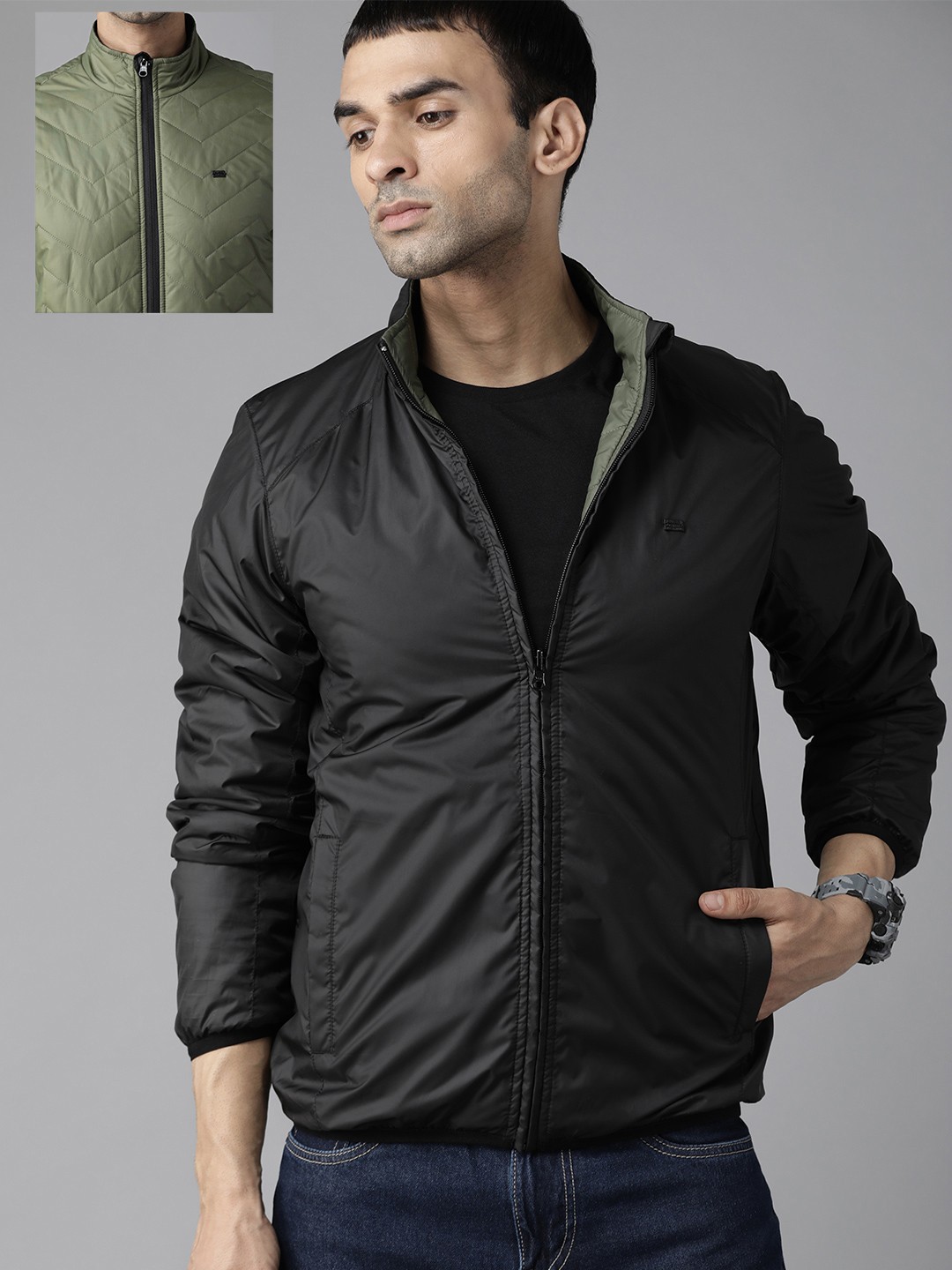 

Roadster Men Black & Olive Green Solid Reversible Padded Jacket