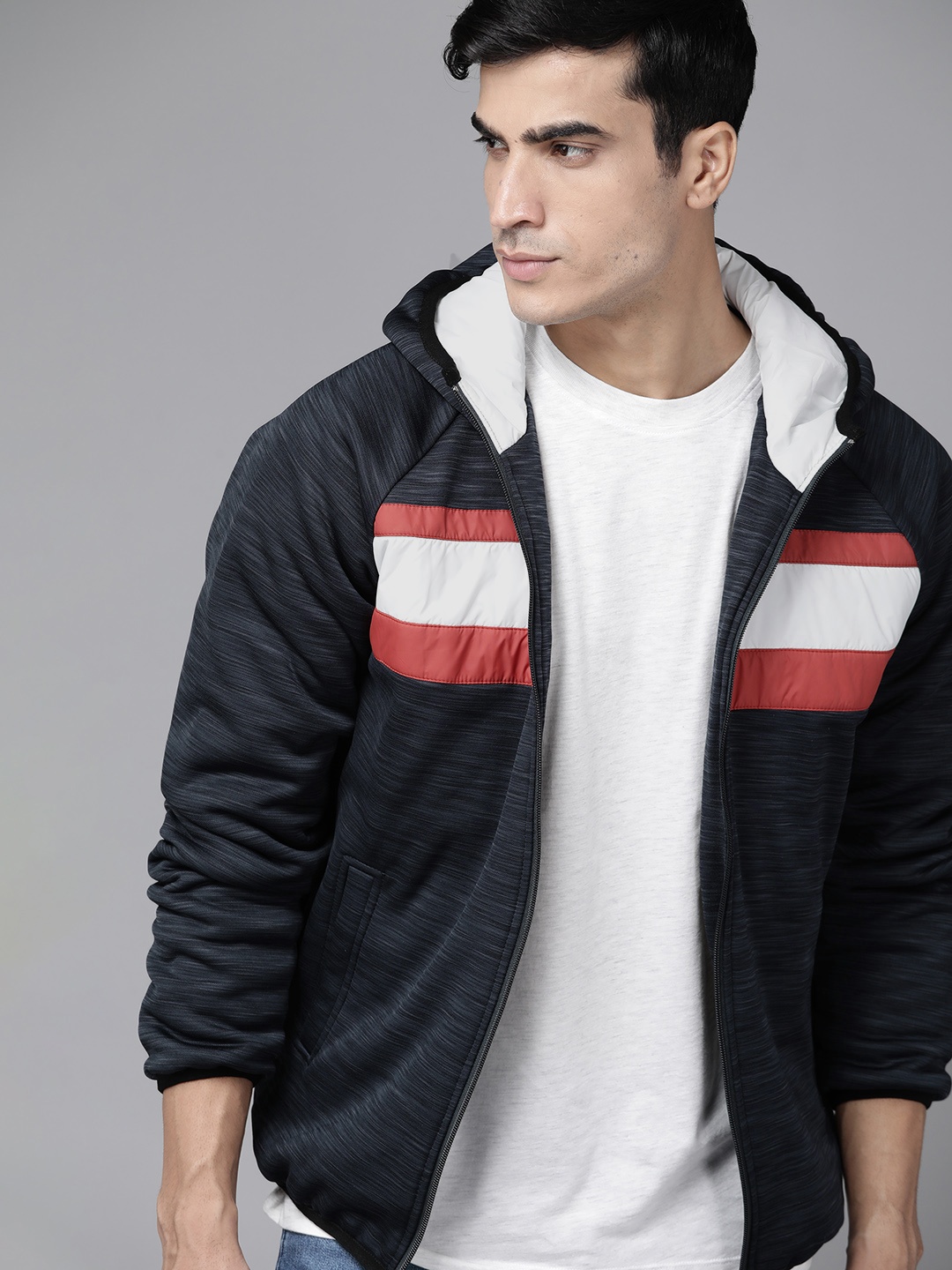 

Roadster Men Navy Blue & White Striped Hooded Padded Jacket