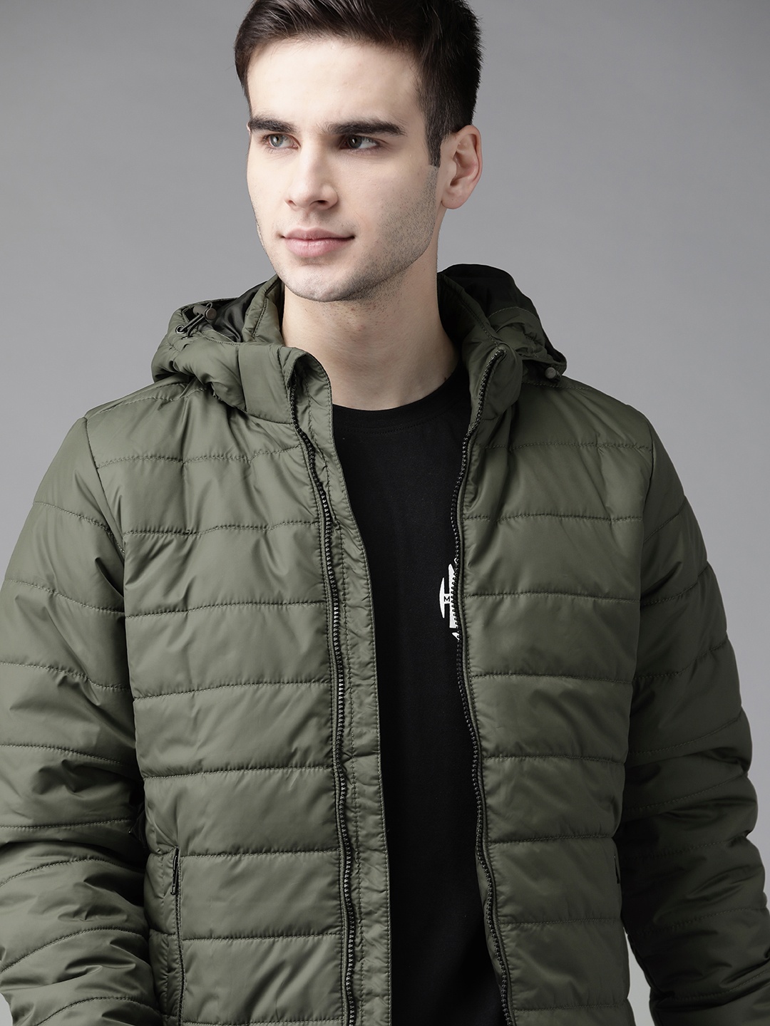 

Roadster Men Olive Green Solid Padded Jacket with Detachable Hood