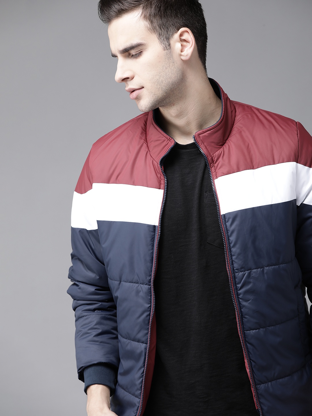 

Roadster Men Maroon & Navy Blue Colourblocked Padded Jacket
