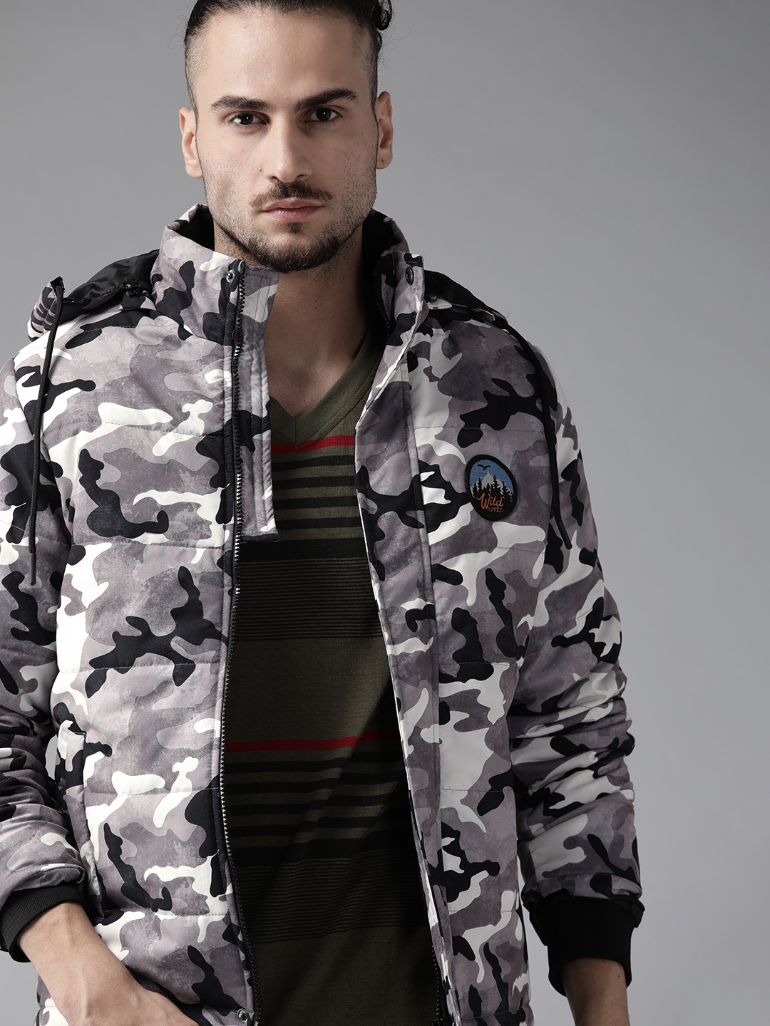 

Roadster Men Grey & Black Camouflage Bomber Jacket