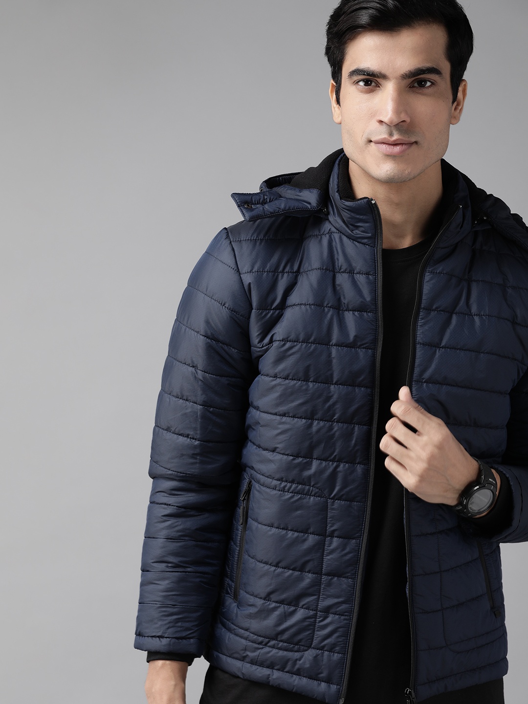 

Roadster Men Navy Blue Hooded Padded Jacket
