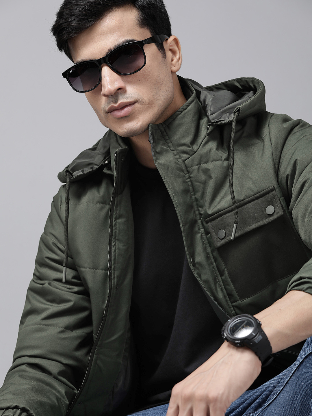 

Roadster Men Olive Green Solid Hooded Padded Jacket