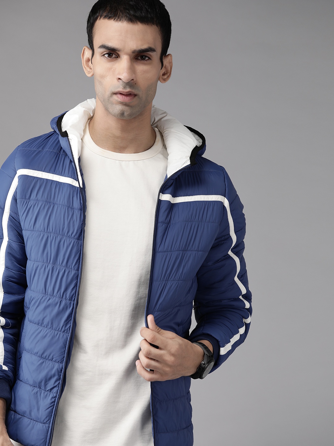 

Roadster Men Navy Blue Solid Padded Jacket