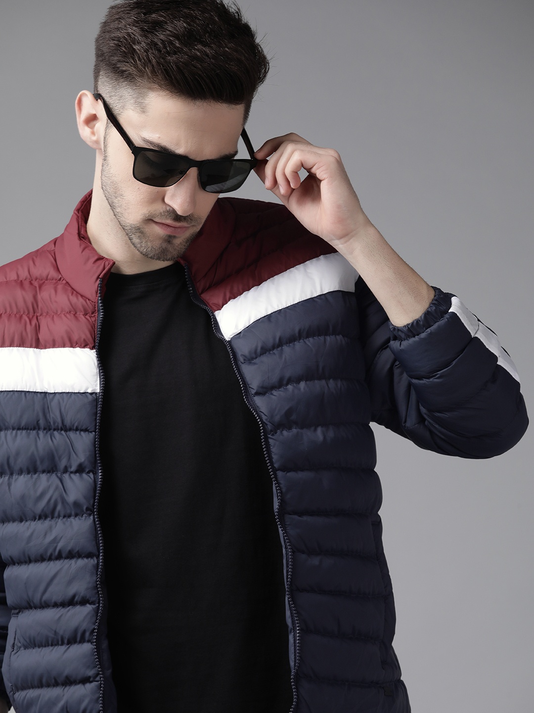 

Roadster Men Navy Blue & Maroon Colourblocked Padded Jacket