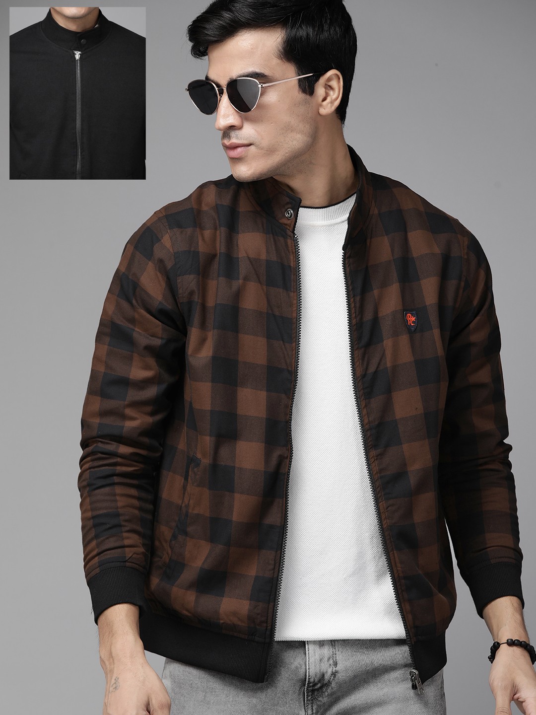 

Roadster Men Brown & Black Checked Reversible Bomber Jacket