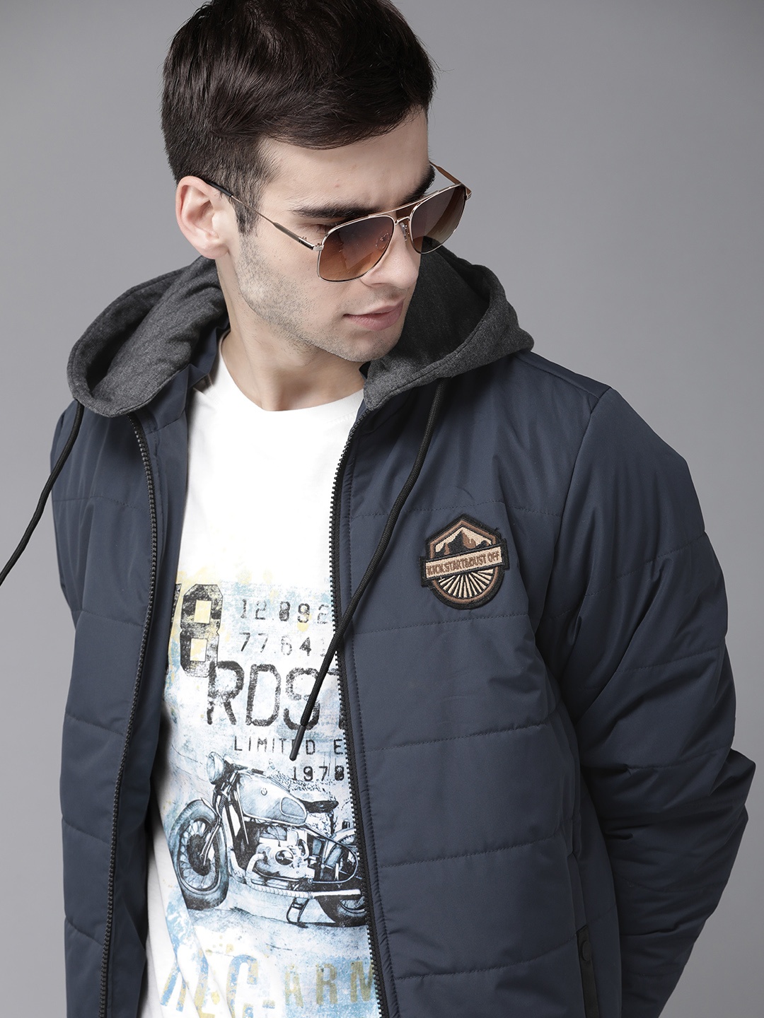 

Roadster Men Navy Blue Solid Jacket with Detachable Hood