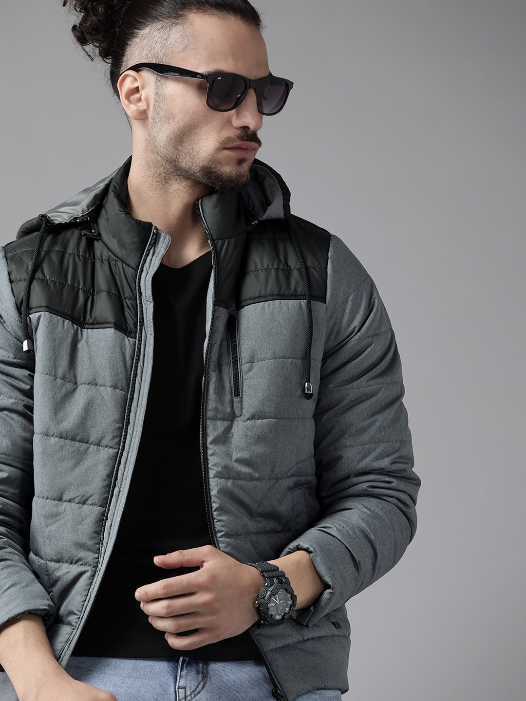 

Roadster Men Charcoal Grey & Black Colourblocked Padded Jacket with Detachable Hood