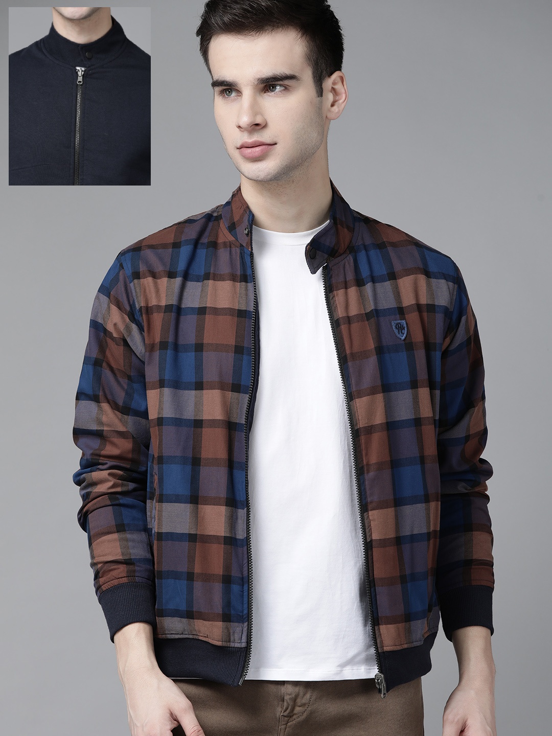 

Roadster Men Brown & Blue Checked Reversible Tailored Jacket
