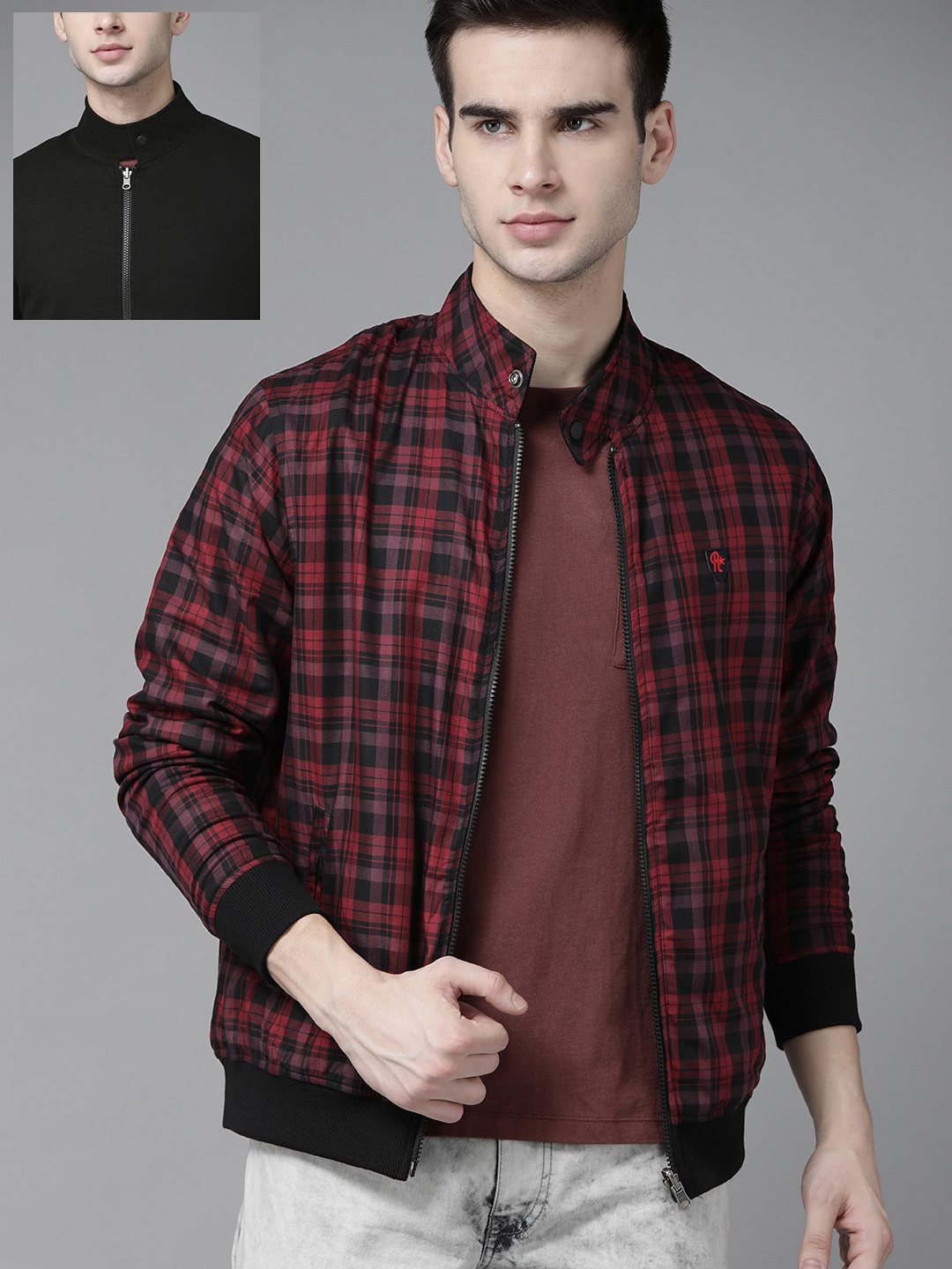 

Roadster Men Maroon & Black Checked Reversible Bomber Jacket