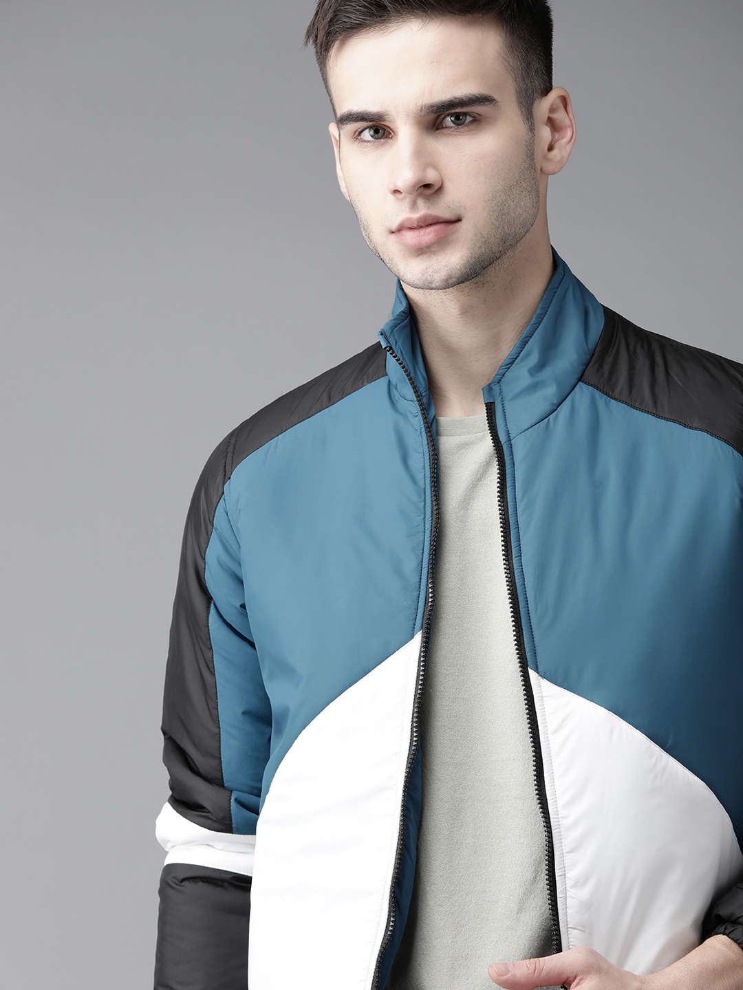 

Roadster Men Blue & White Colourblocked Padded Jacket