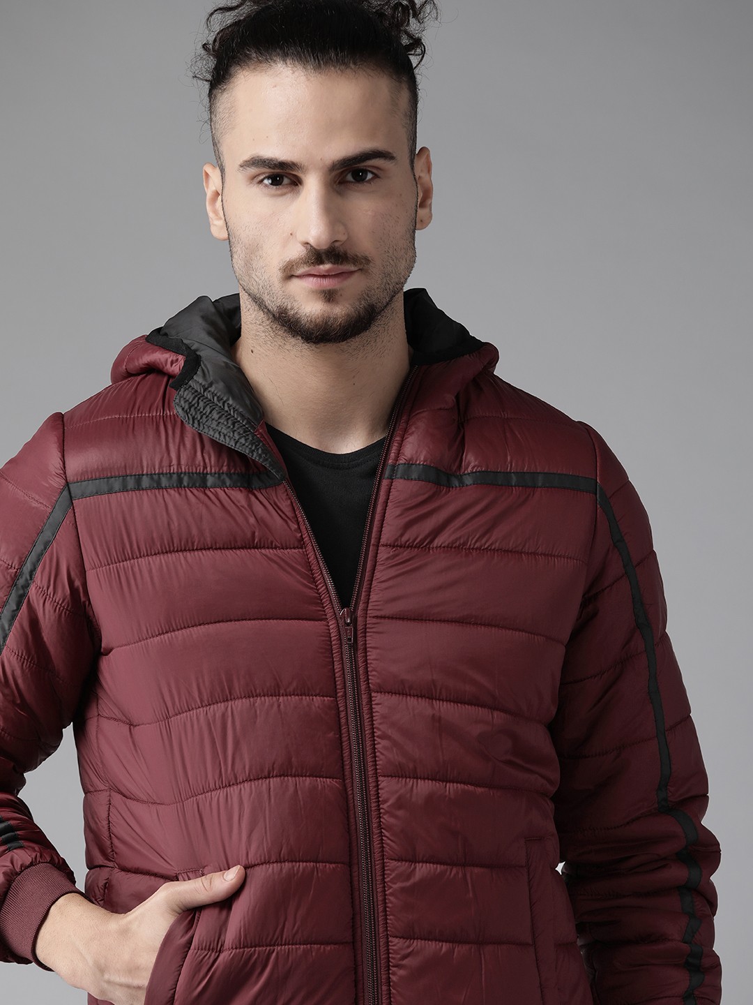 

Roadster Men Maroon Solid Hooded Padded Jacket
