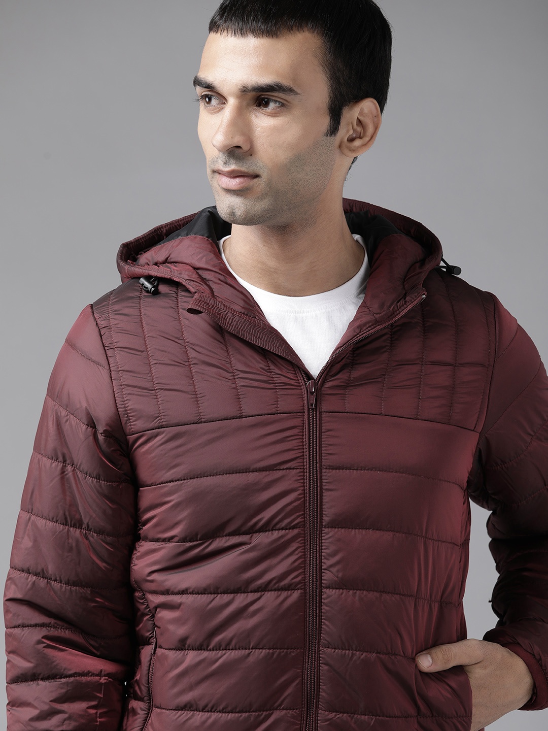 

Roadster Men Burgundy Solid Hooded Padded Jacket