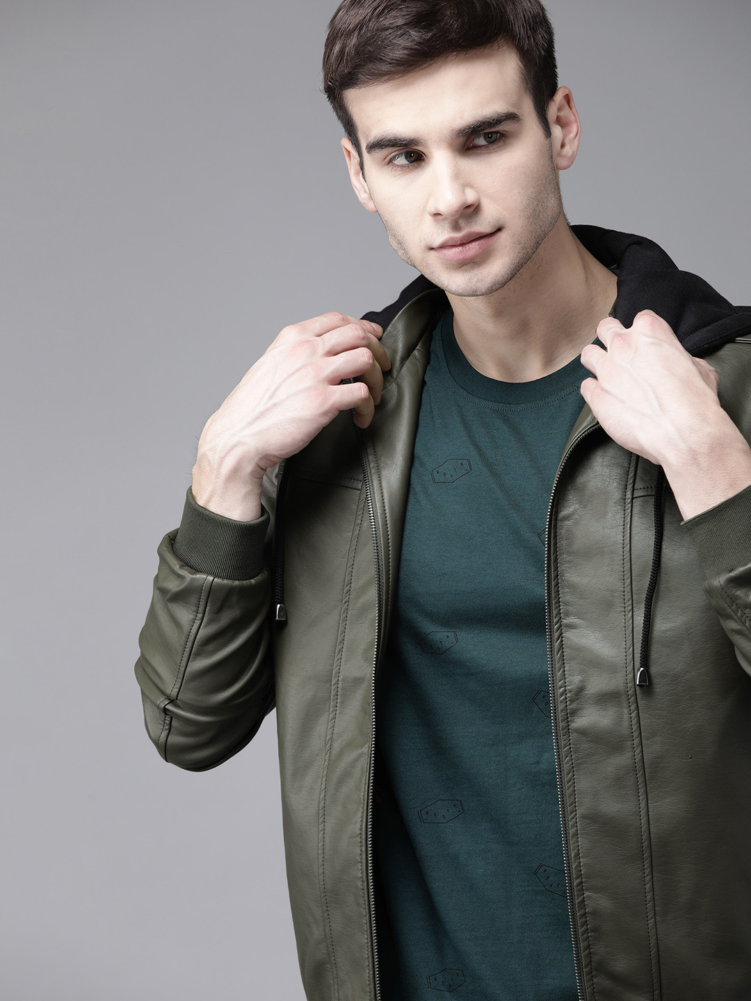 

Roadster Men Olive Green Solid Hooded Bomber Jacket