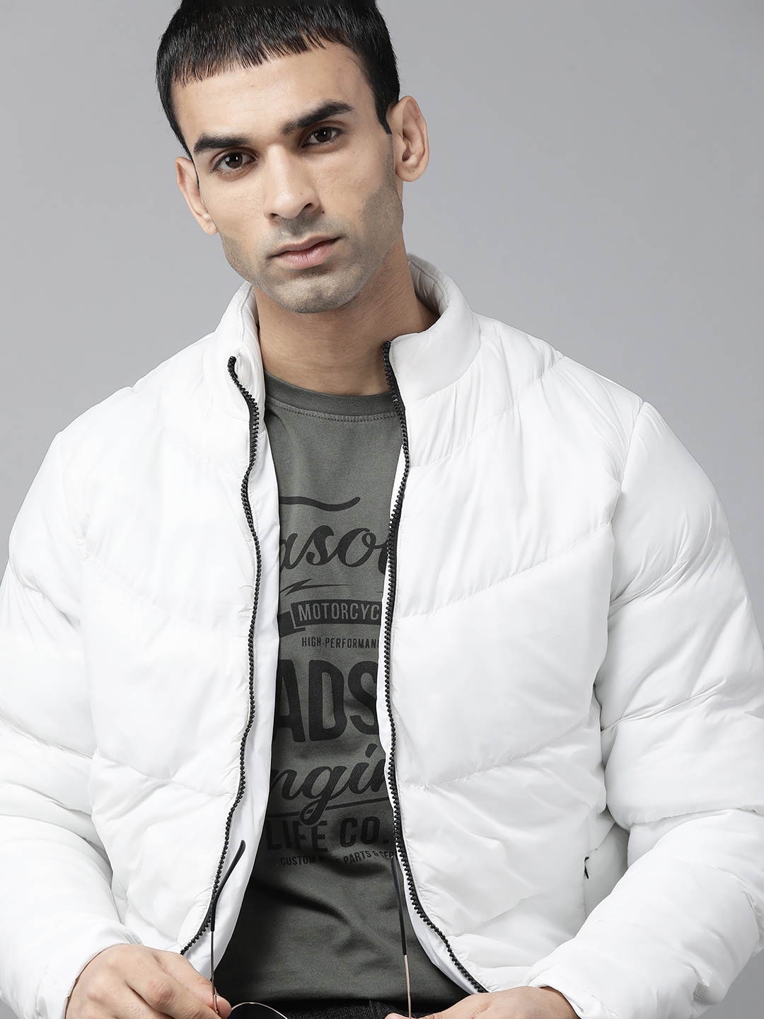 

Roadster Men White Solid Padded Jacket