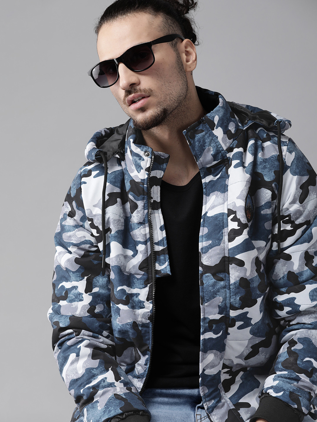 

Roadster Men Blue & Black Camouflage Print Padded Jacket with Detachable Hood
