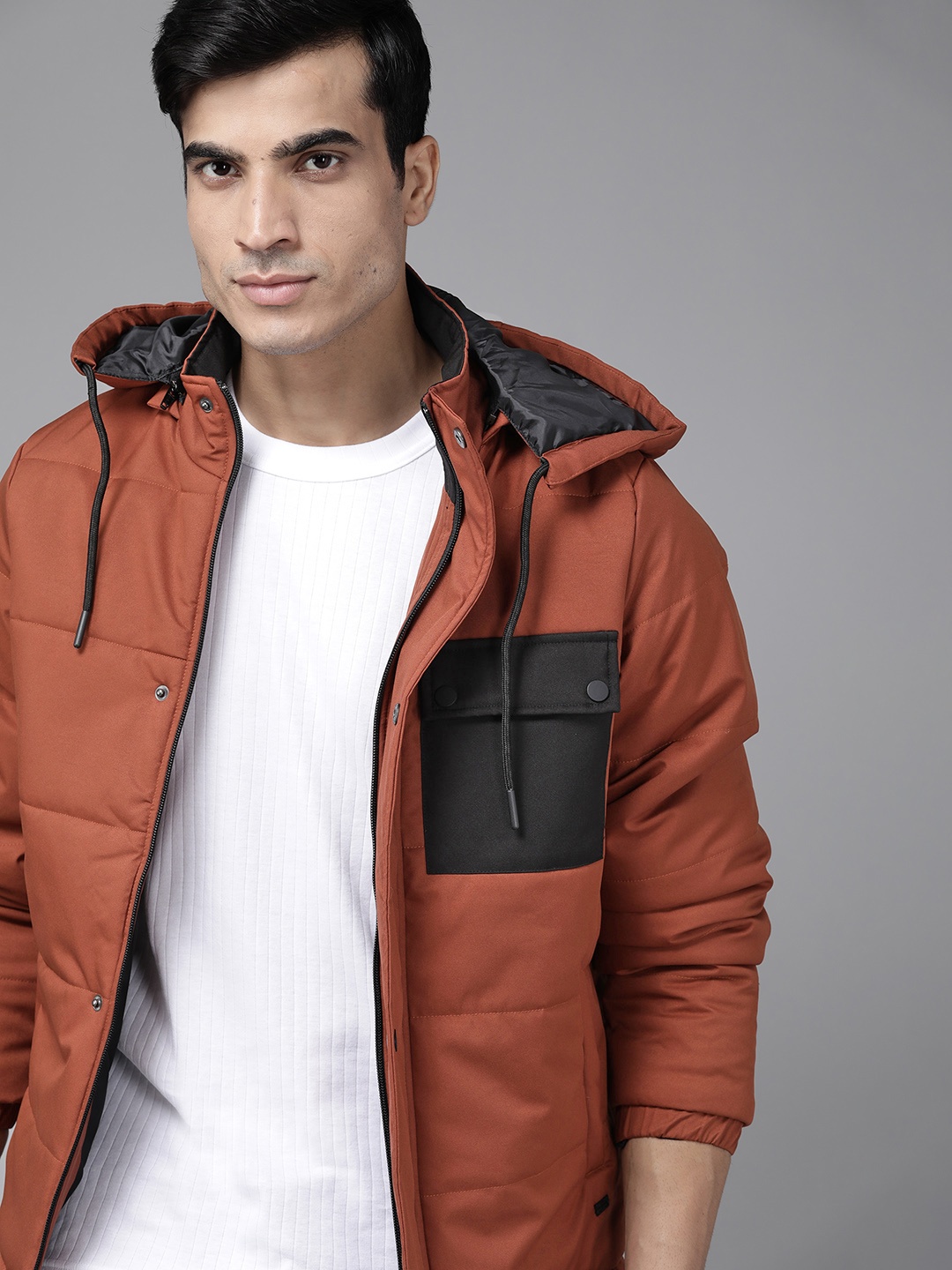 

Roadster Men Rust Orange Hooded Padded Jacket