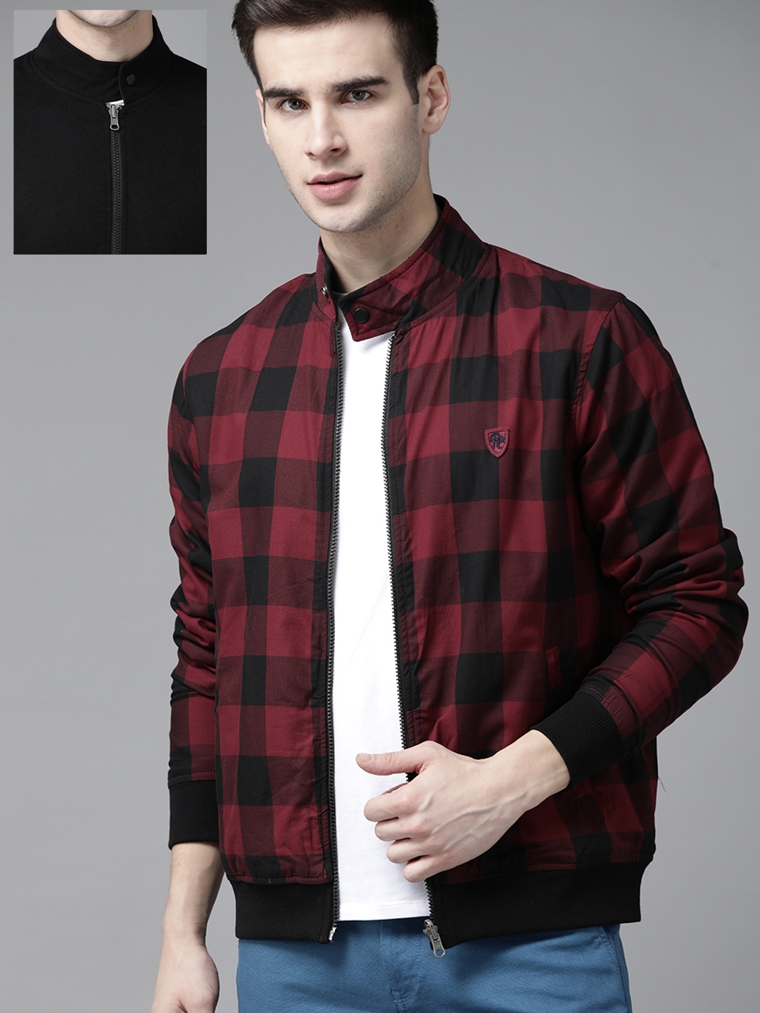 

Roadster Men Maroon & Black Checked Reversible Bomber Jacket