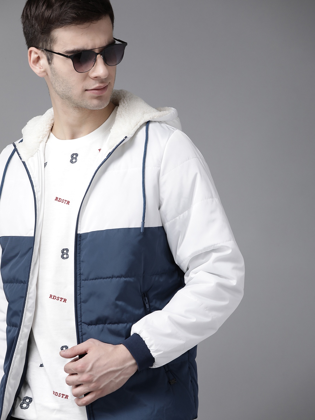 

Roadster Men Navy Blue White Colourblocked Hooded Padded Jacket