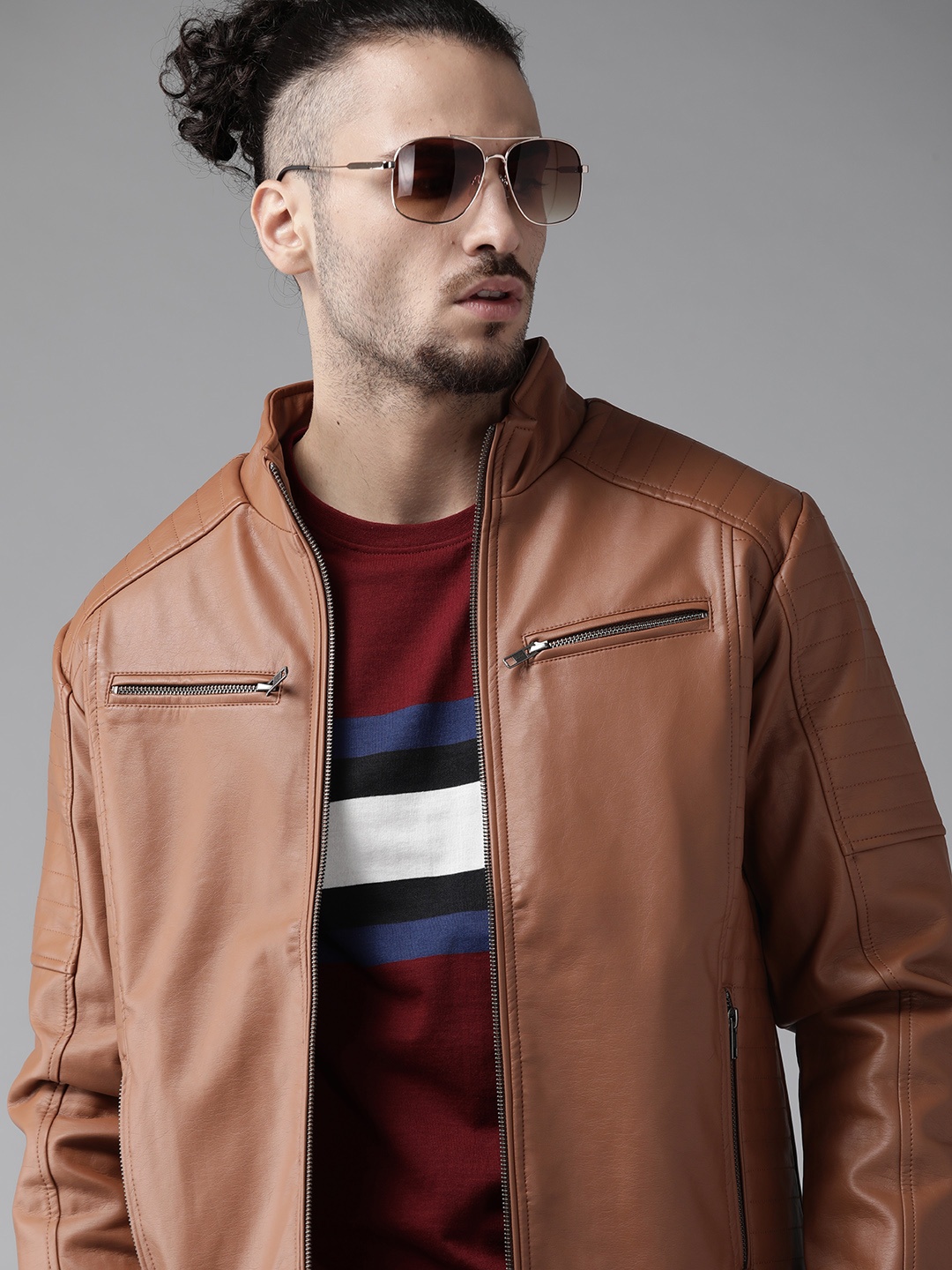

Roadster Men Brown Solid Biker Jacket