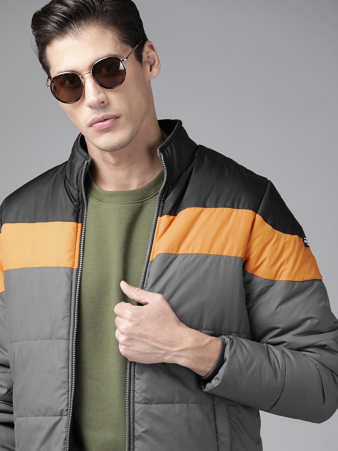 

Roadster Men Grey & Mustard Yellow Colourblocked Padded Jacket