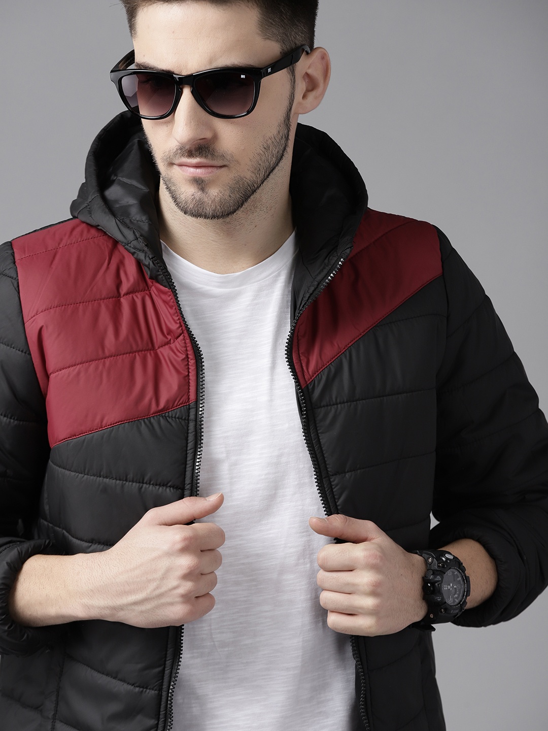 

Roadster Men Black & Maroon Colourblocked Hooded Padded Jacket